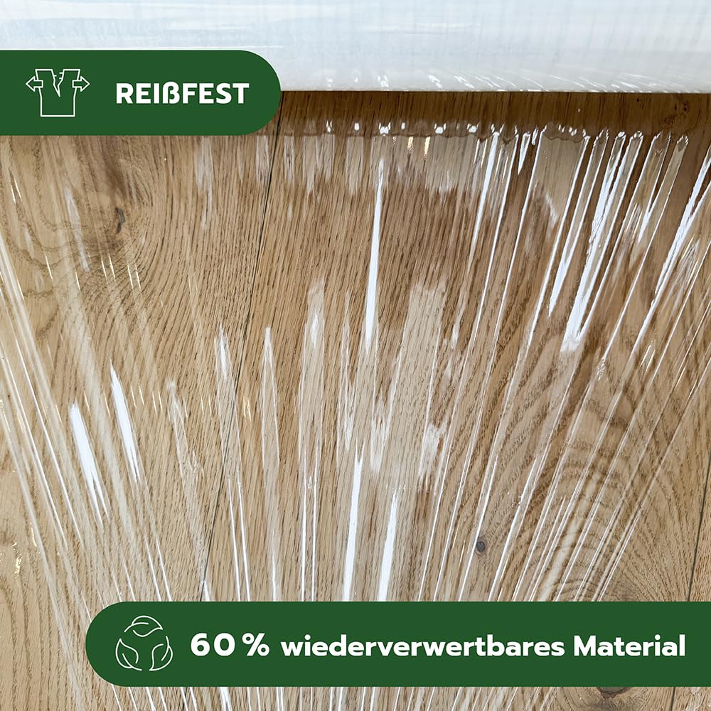 AQUILA EcoGreen Stretchfolie Made in Germany, Verpackungsfolie 50cm x 20 My, aus 100% wiederverwertetem Material, transparent, 150m ungedehnt, 12 Stück