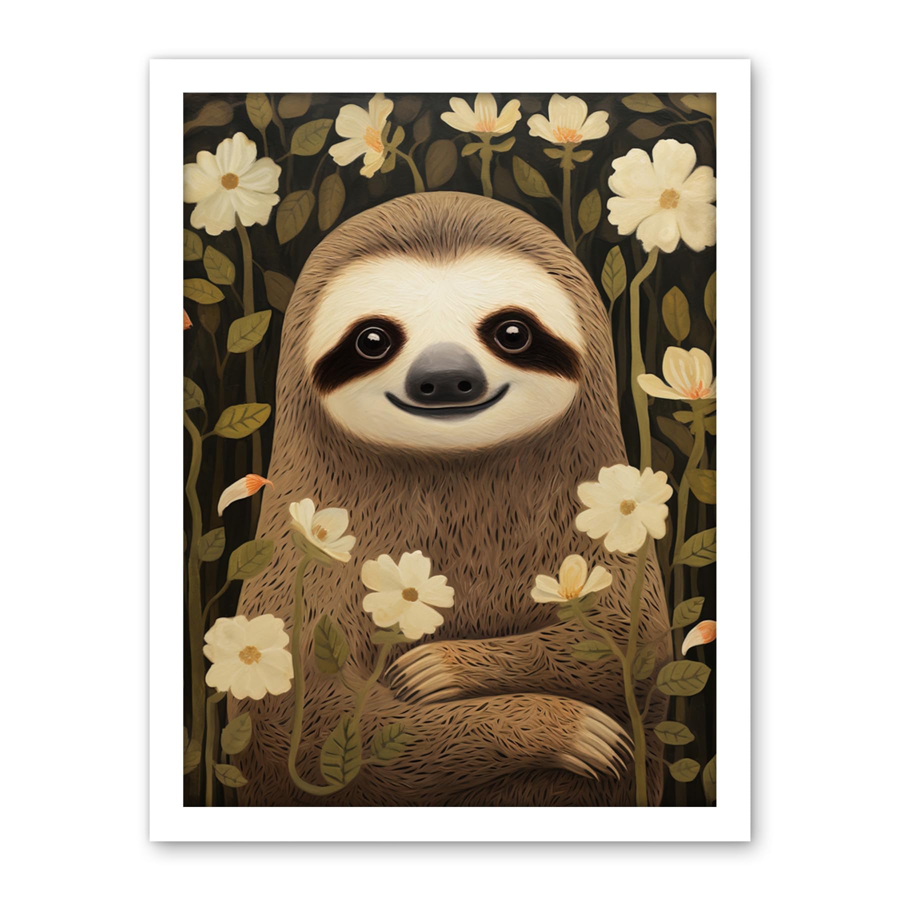 Artery8 Sloth with Jasmine and Anemone Flowers Elegant Artwork Framed Wall Art Print 18X24 Inch