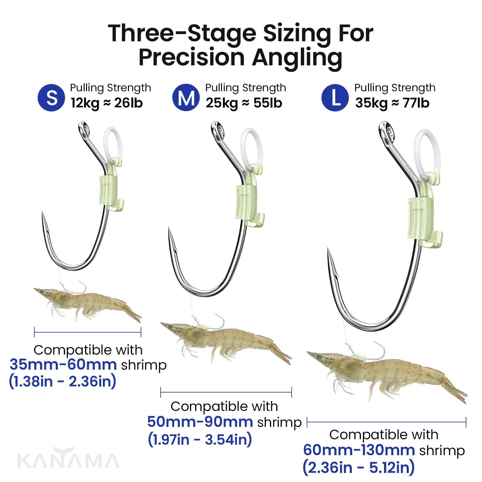 KANAMA Ami per Gamberi Vivi Luminosi - Ami da Pesca in Acciaio ad Alto Carbonio, Anticorrosione, con Ardiglione, Forti, Ideali per Spigole Cernie Lucci Pesci Gatto