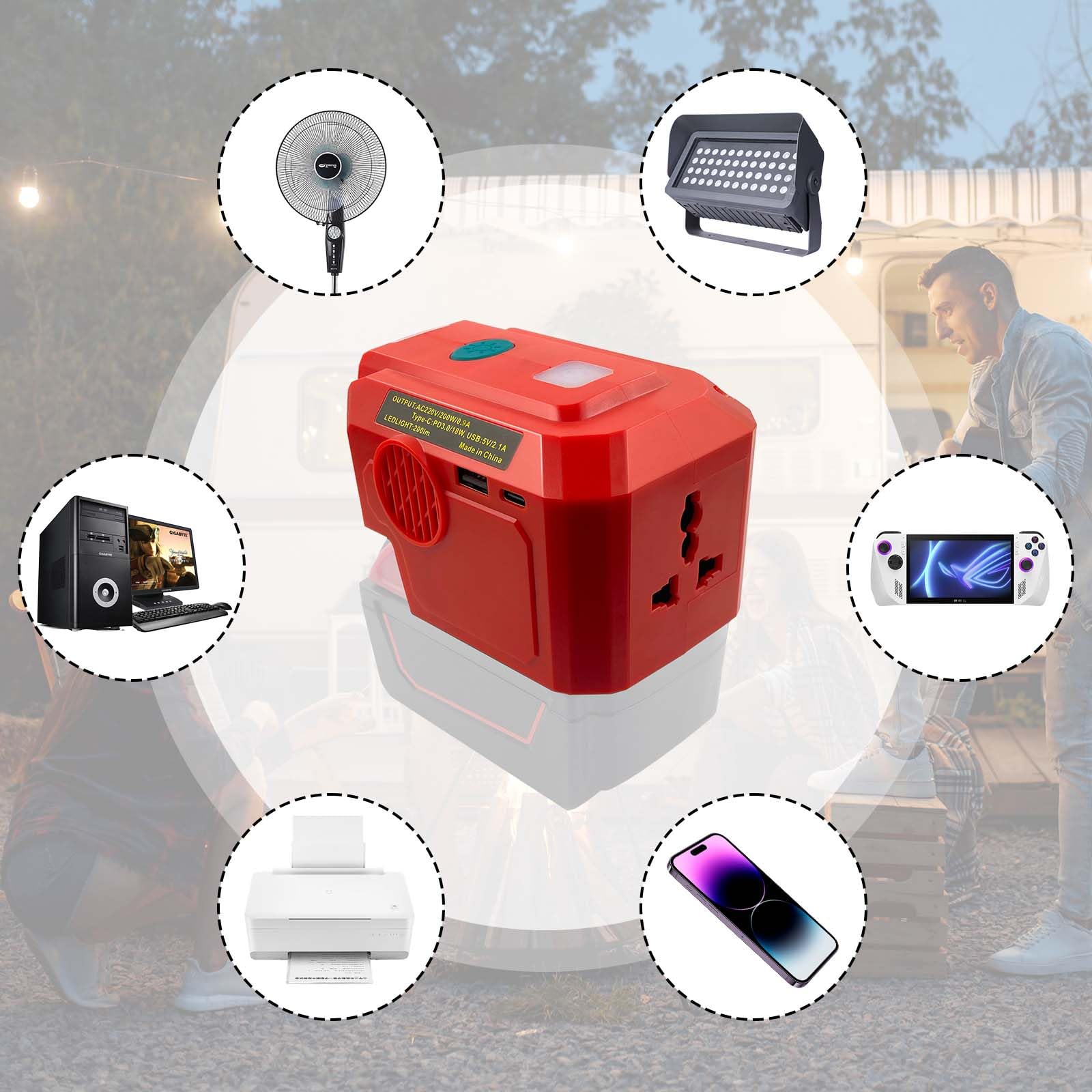 Convertitore per Einhell 18V Batterie, 200W 18V CC a 220 V CA, Adattatore Convertitore per Batterie a Onda Sinusoidale Pura con Lampada LED USB-C 200LM e Prese 230V Inverter per Campeggio