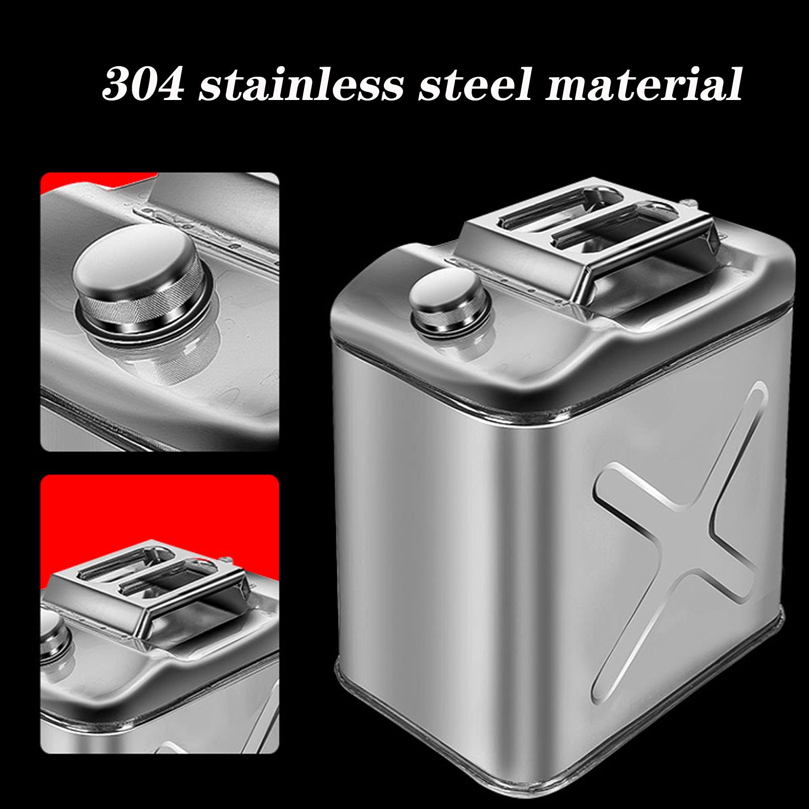 Benzinkanister 304 Edelstahl Metallgasbehälter Dose, Gasgaszinker Kraftstoffleistung NOT-Backup-Tank mit flexiblem Auslauf Metallstahltank für Autos, LKWs