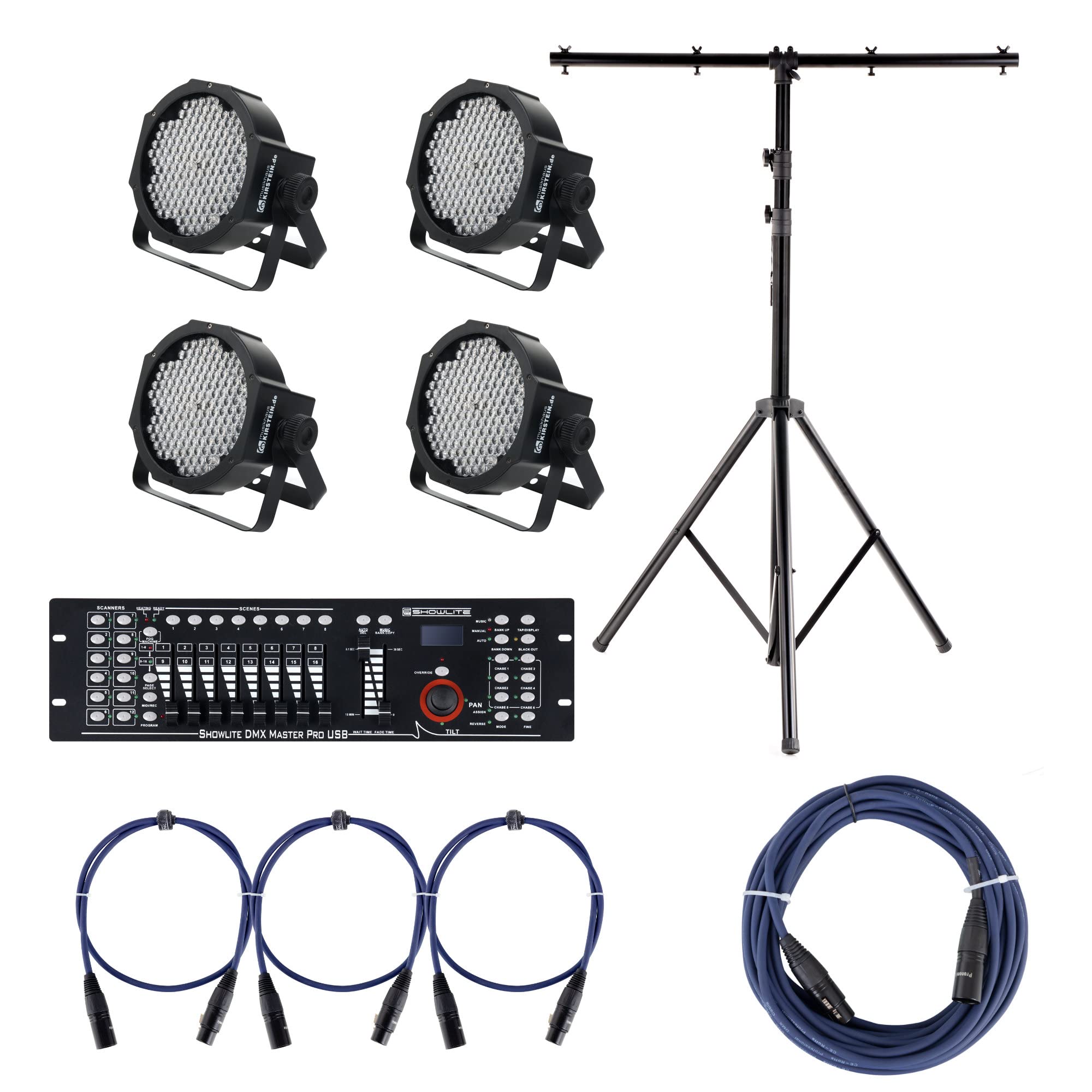 Showlite FLP-144 Scheinwerfer SET inkl. DMX Controller Master Pro USB, Licht-Traverse und Kabel (LED-Spots, Lichttechnik, Komplettset, Stativ, DMX-Kabel, 1m, 3m)