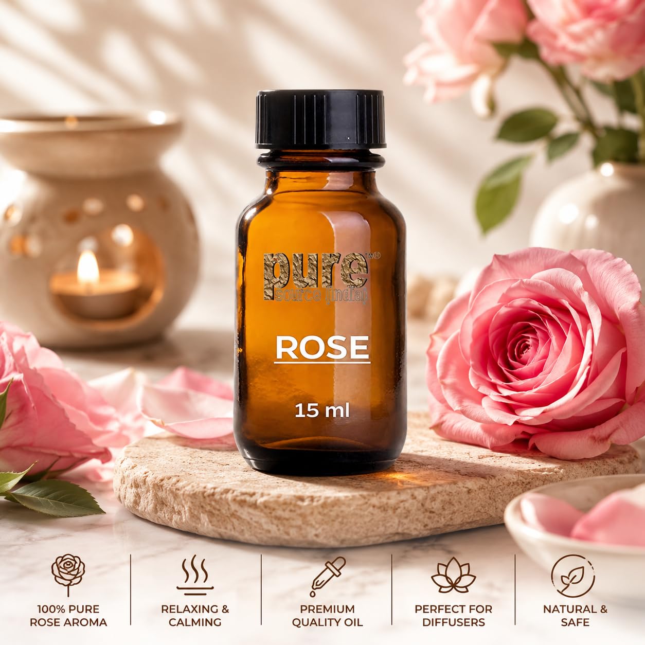 Pure Source India Rose Essential Aroma Diffuser Oil(15ml) | Long-Lasting Floral Fragrance | For Diffusers, Humidifiers & Home Fragrance