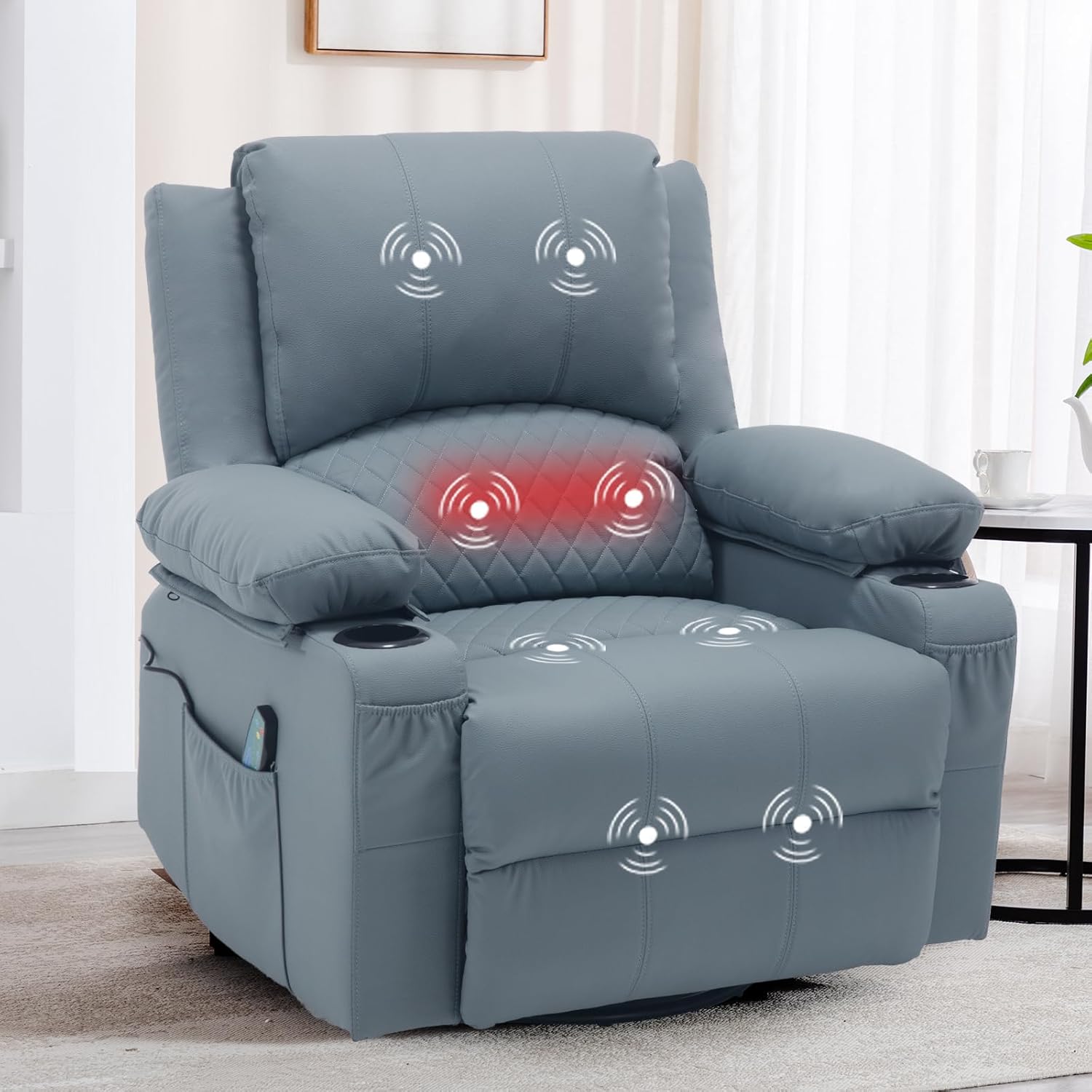 Leather Recliner Chair with Heat and Massage Cup Holder, Thickly Padded Overstuffed Rocking Glider Chair, Swivel Rocker Recliner Chair for Nursery, Blue