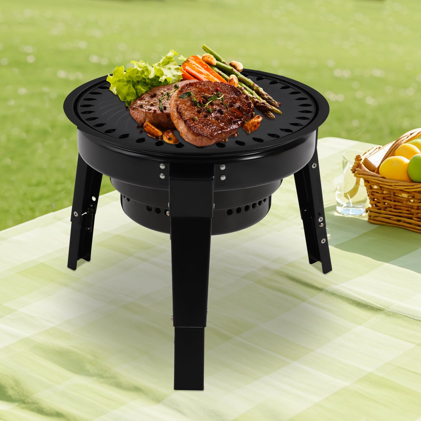 Barbecue portatile pieghevole per esterni, a tre zampe, a carbonella, con piastra di raccolta, pieghevole, per esterni, a tre zampe, a carbonella, portatile, per barbecue a carbonella