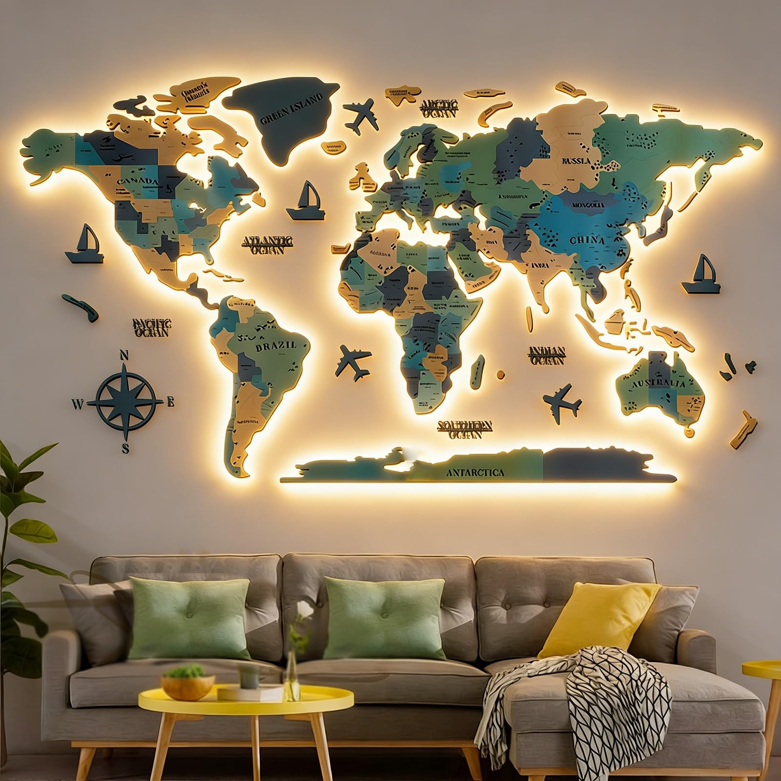 Mappa decorativa da parete 3D, mappa del mondo a LED extra large in legno acrilico con 200 puntine da disegno a bandiera, opera d'arte da viaggio multistrato per casa o ufficio