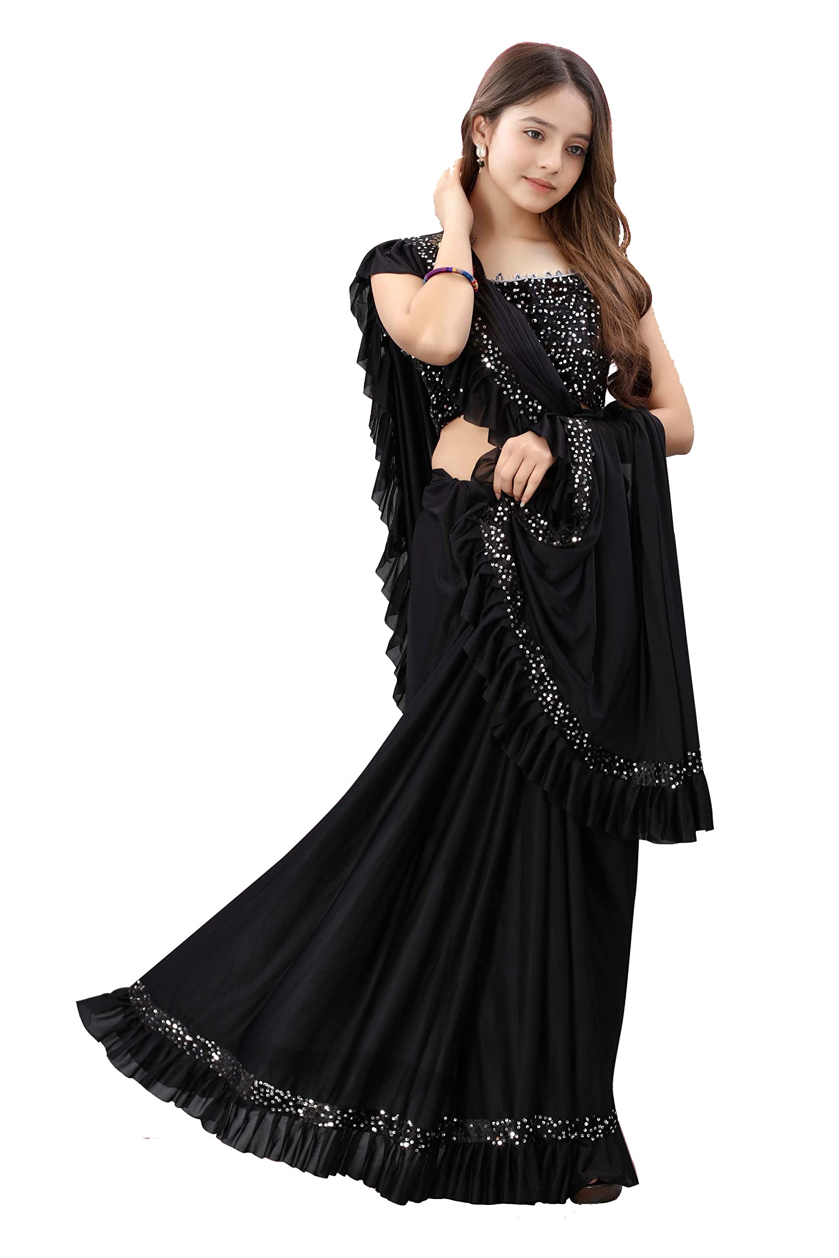 Dhyey fashion Baby Girls Lycra Blend Saree with Unstitched Blouse – Stylish Saree for Perfect for Special Celebrations,Vibrant Color Opt... - Image 4 thumbnail