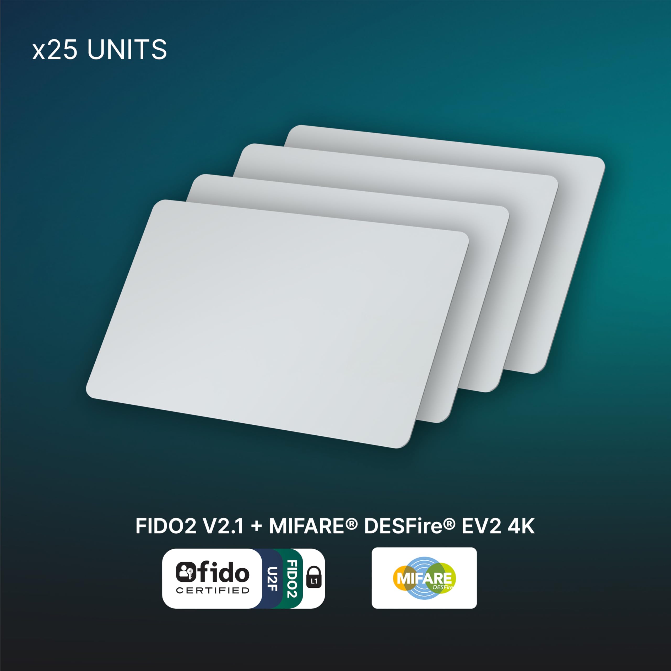 FIDO2 Pack de 25 Tarjetas Inteligentes NFC 2FA empresarial | 25 tarjetas FIDO2 NFC de PVC blanco sin imprimir en un SKU para despliegues de TI empresarial y MFA a gran escala