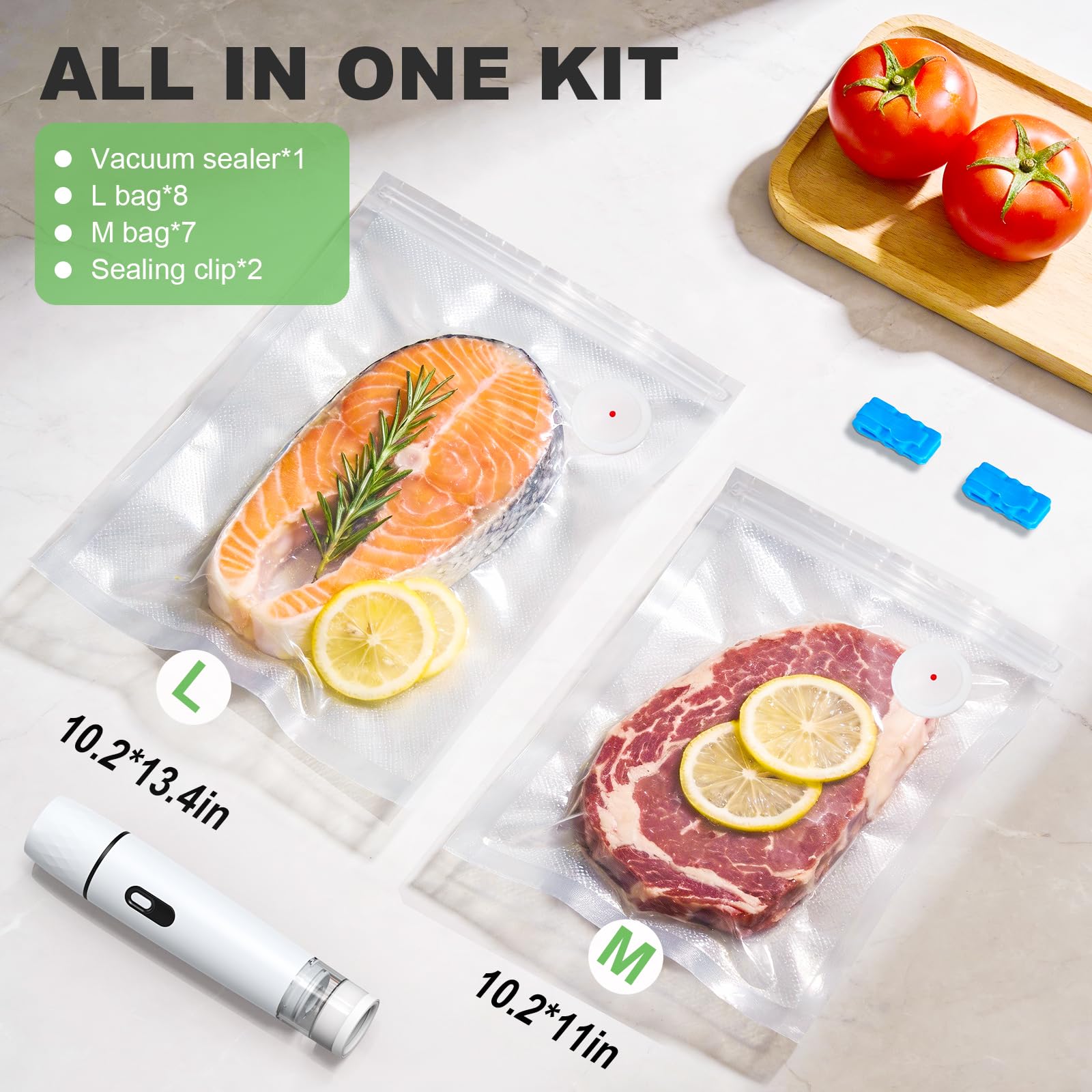 pratica macchina sottovuoto compatta con serbatoio d'acqua, saldatrice per alimenti con 15 sacchetti riutilizzabili, ricarica USB, freschezza garantita