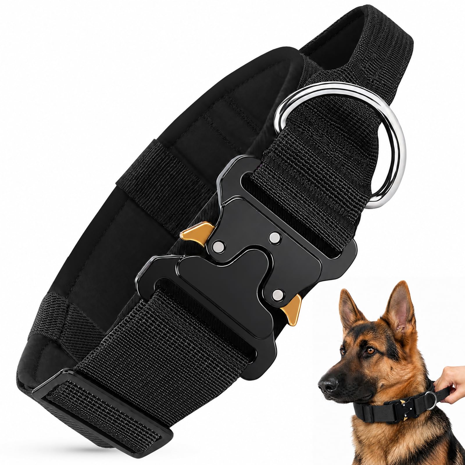 Tactical Dog Collar for Medium Large Dogs, Wide Heavy Duty Black Dog Collars with Handle and Metal Buckle, Adjustable Padded Collar for Dogs Outdoor Walking and Training (Black, L)