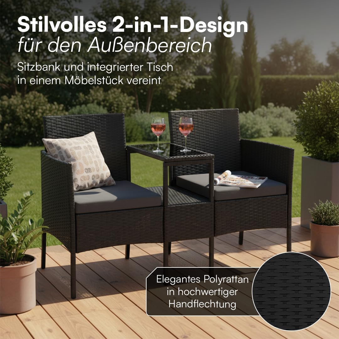 STEELSØN Velara Gartenbank mit integrierten Tisch – Rattan 2er Sitzbank Schwarz inkl. Kissen – Balkonmöbel wetterfest – Terrassen Sitzgruppe bis 320kg – Balkonbank Glas Ablage – Gartensofa