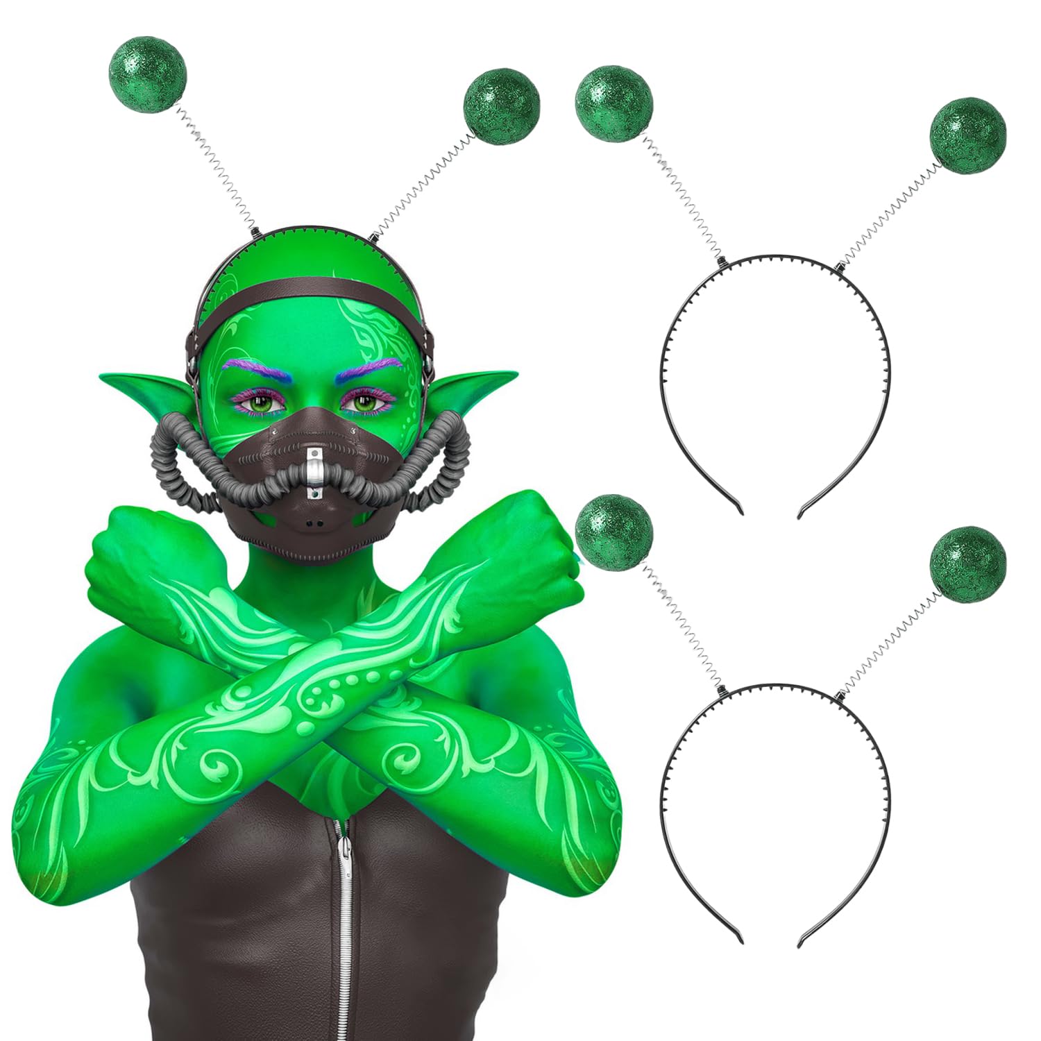 HIXNUG 4pcs Alien Headbands Martian Antenna Headband Boppers for Outer Space Themed Halloween Adult Kids Hairband (green) - Image 2