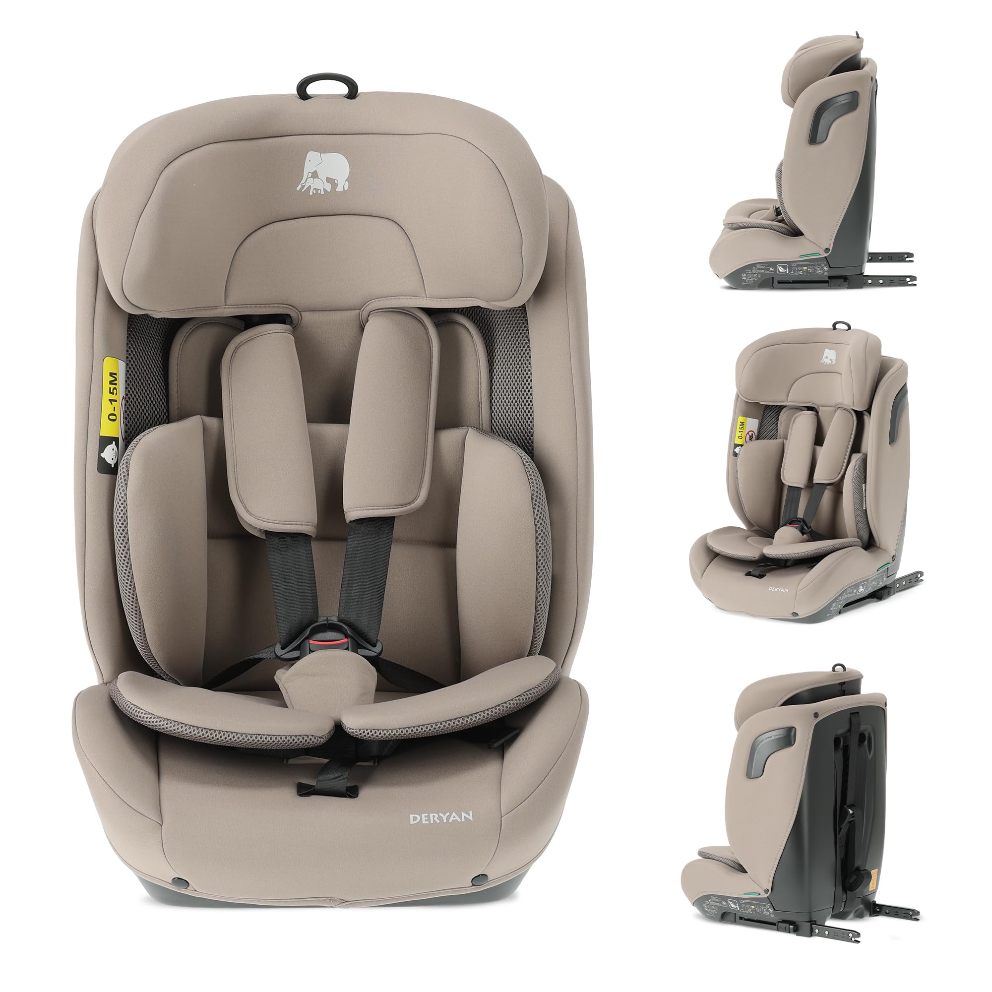 Deryan Carter i-Size Child Seat 75-150 cm, Child Car Seat, Group 1/2/3, 9-36 kg, 1.5 to 12 Years, with Belt Attachment, Side Impact Protection, Adjustable Headrest (Nougat, with ISOFIX)