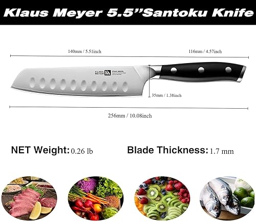 Miniatura 6 de Klaus Meyer Stahl - Cuchillo de chef de cocina de acero alemán exclusivo de alto carbono de 5.5 pulgadas, cuchillo Santoku ultra afilado, cuchillo