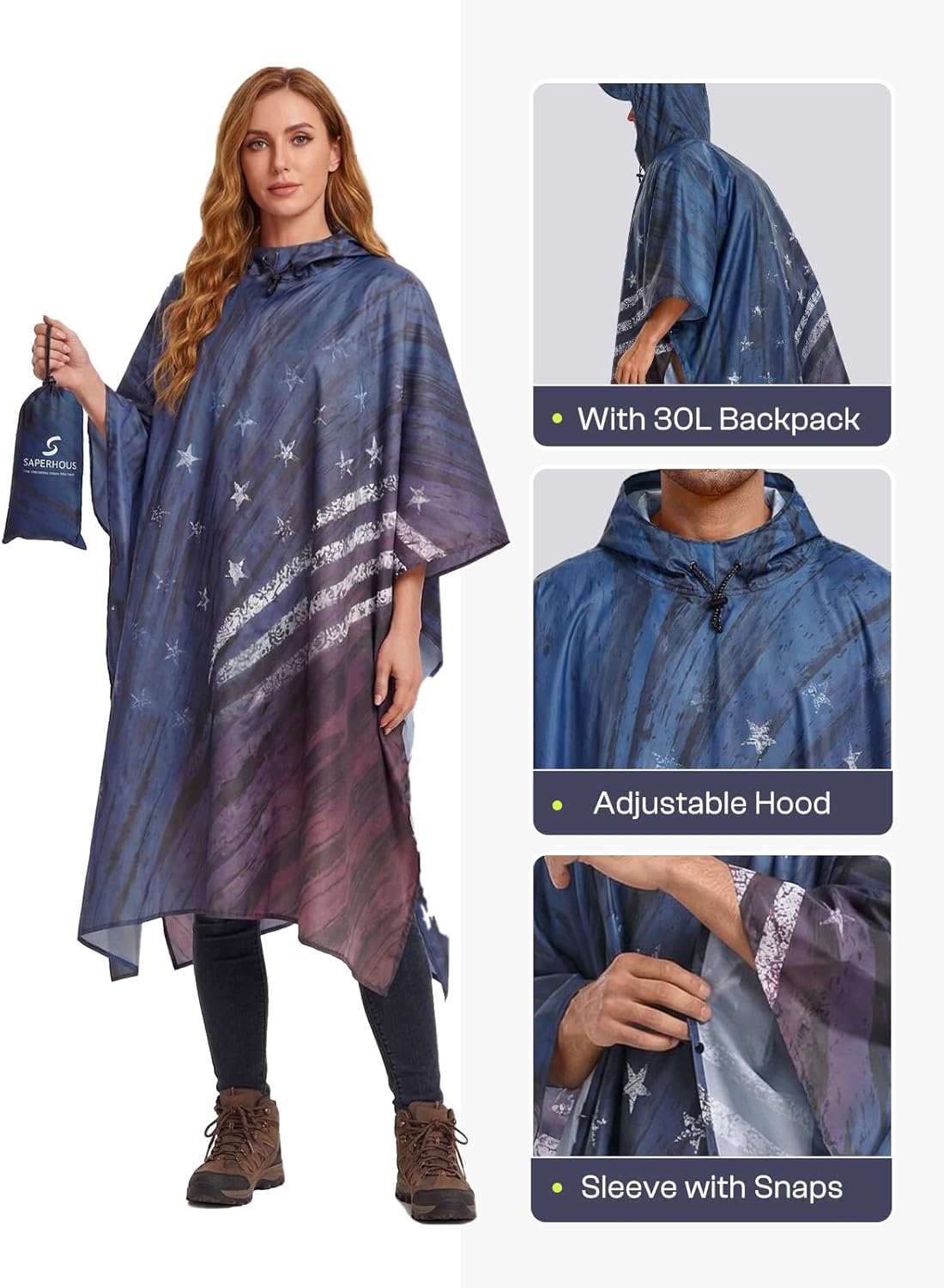SaphiRose Hooded Rain Poncho Waterproof Raincoat Jacket for Men Women Adults