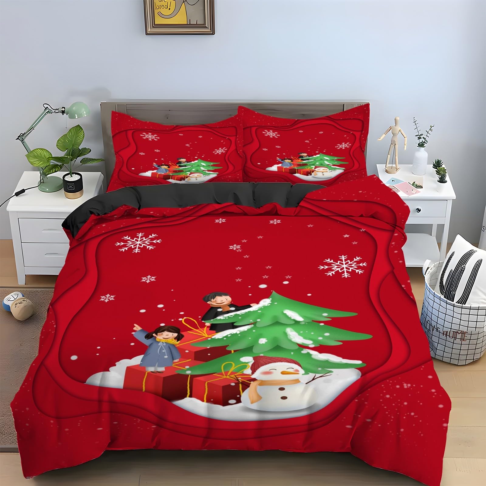 Parure de lit 90x190 rouge housse de couette la veille de Noël 3 pces