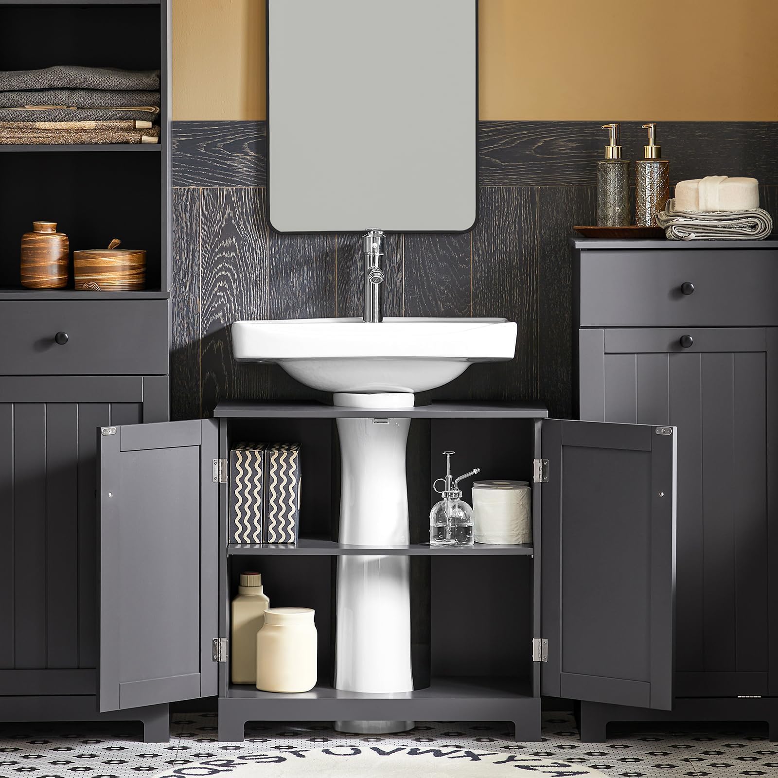 SoBuy Meuble sous Lavabo Salle de Bain – Meuble sous Vasque avec Portes et Étagère Réglable – Compatible avec Lavabo Colonne – Meuble de Rangement Compact en MDF, Gris Foncé, 60x60x29cm, BZR18-II-DG