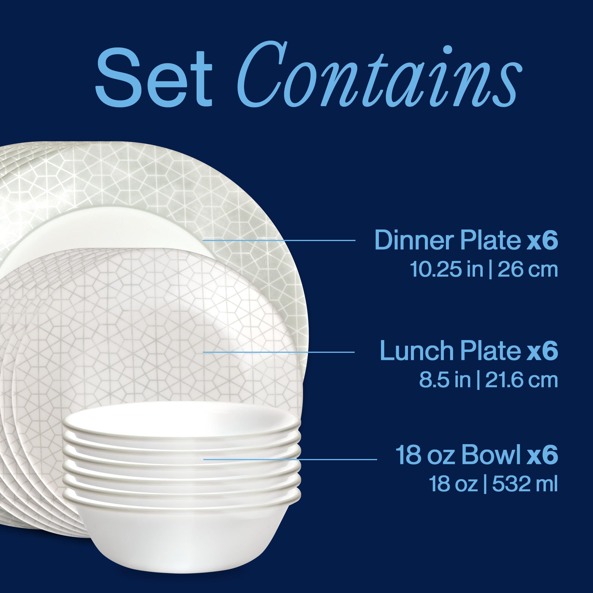 Corelle Vitrelle Knox Service de table en verre 18 pièces pour 6 personnes avec assiettes et bols en verre triple couche résistant aux éclats et aux fissures