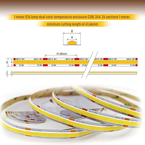 Miniatura 2 de Tira de luz LED COB, tiras de luz regulables CCT, 2700K-6500K, 9.84 pies9.8 ft, 0.315 in de ancho, kit de tiras LED CRI90+ 24V con control de