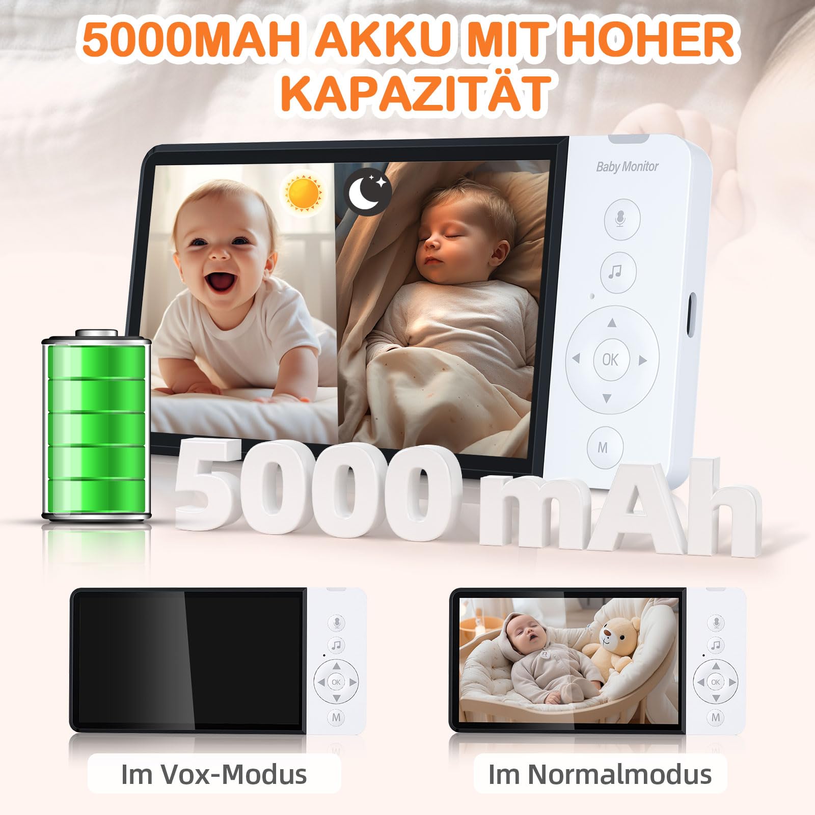 ASFSKY Moniteur pour bébé, babyphone avec caméra, écran HD 5", détection de Serre, Vision Nocturne Infrarouge, Audio bidirectionnel, 8 musiques, Enregistrement vidéo, Mode VOX (Blanc)