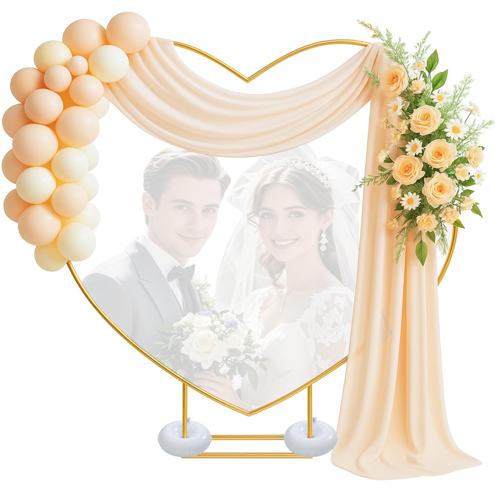 Gold Herz Hochzeitsbogen 2x2m - Herz Metall-Ballonbogen mit 2 Wasserbeutel, Hochzeit Blumen Herzförmiges Ständer für Hochzeit, Babyparty, Geburtstagsfeier, Jubiläum