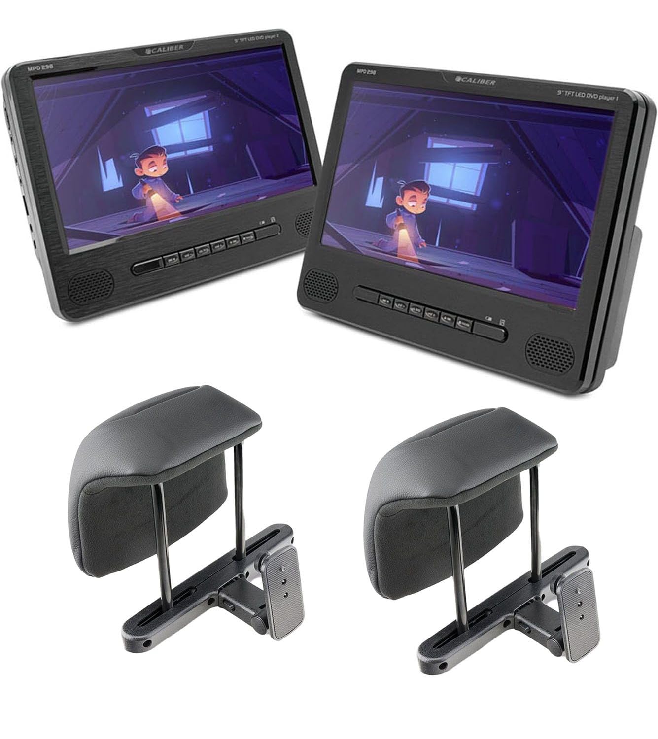 Caliber 2 Lecteur DVD Portables avec Support d'appui-tête - Port USB MPD298 - Écran de 9 Pouces - Utilisez séparé ou synchronisé - Plug Jack AUX 3.5 - Noir - 227 x 171 x 38 mm