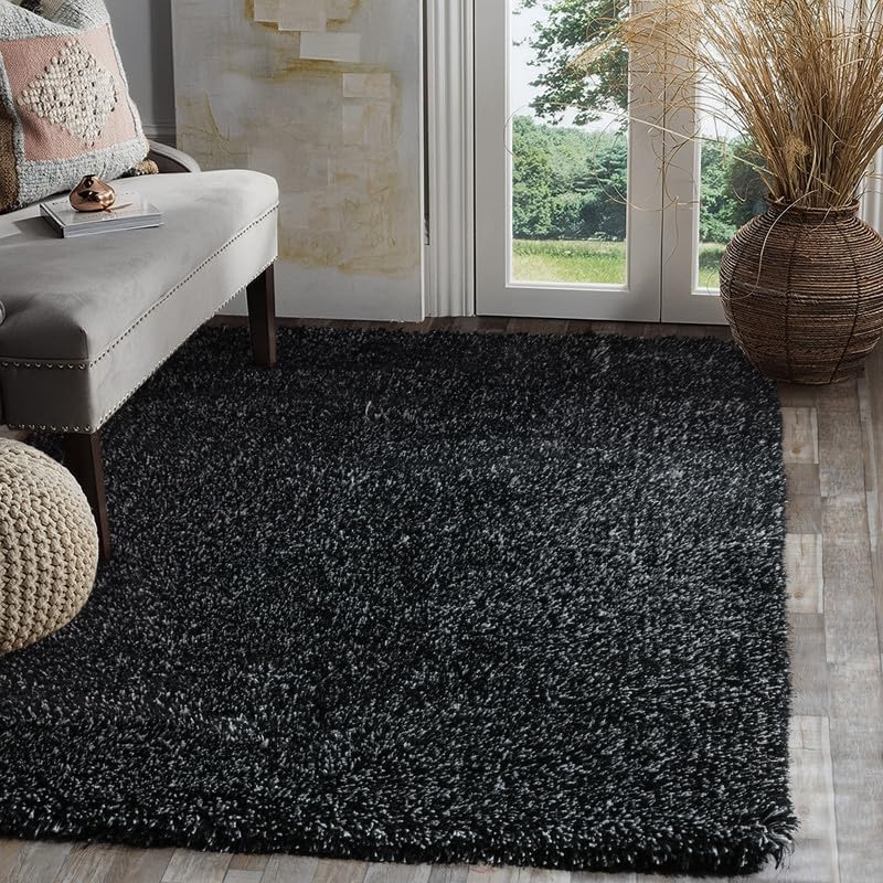 Image of FIASCO Round Shaggy Carpet Plain Fur Rugs Home and Office Sqaure Microfiber 2 Inch Pile Height Back in Canvas Modern Interior Mats 5X5 Feet Black Light Grey Mix