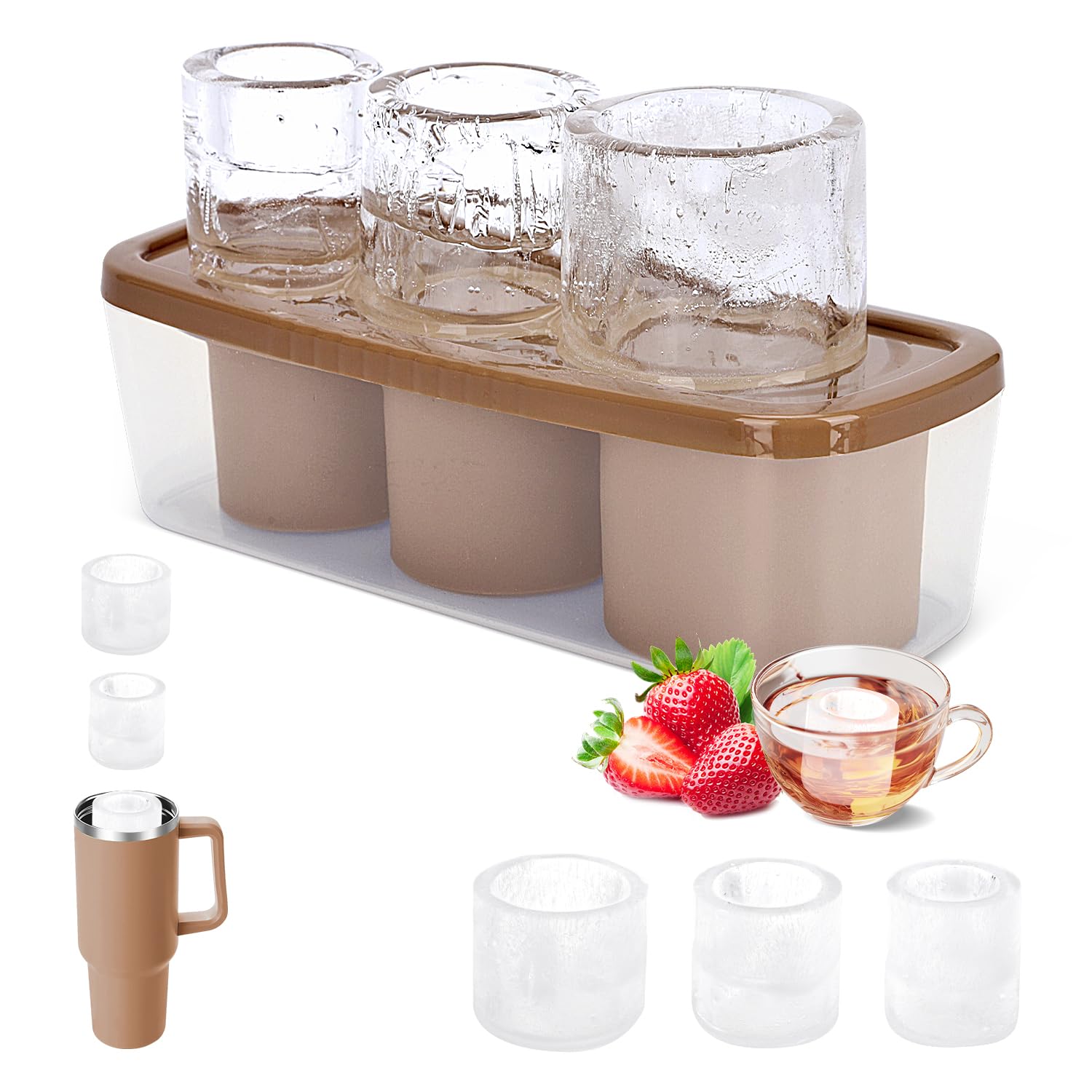 Ice Cube Tray for 40Oz Stanley Cup，Soft Silicone Tumbler Ice Mold, Ice Cube Molds With Lid and Bin for Ice Drink, Juice, Whiskey, Cocktail, Compatible with 40Oz Tumbler (Brown)