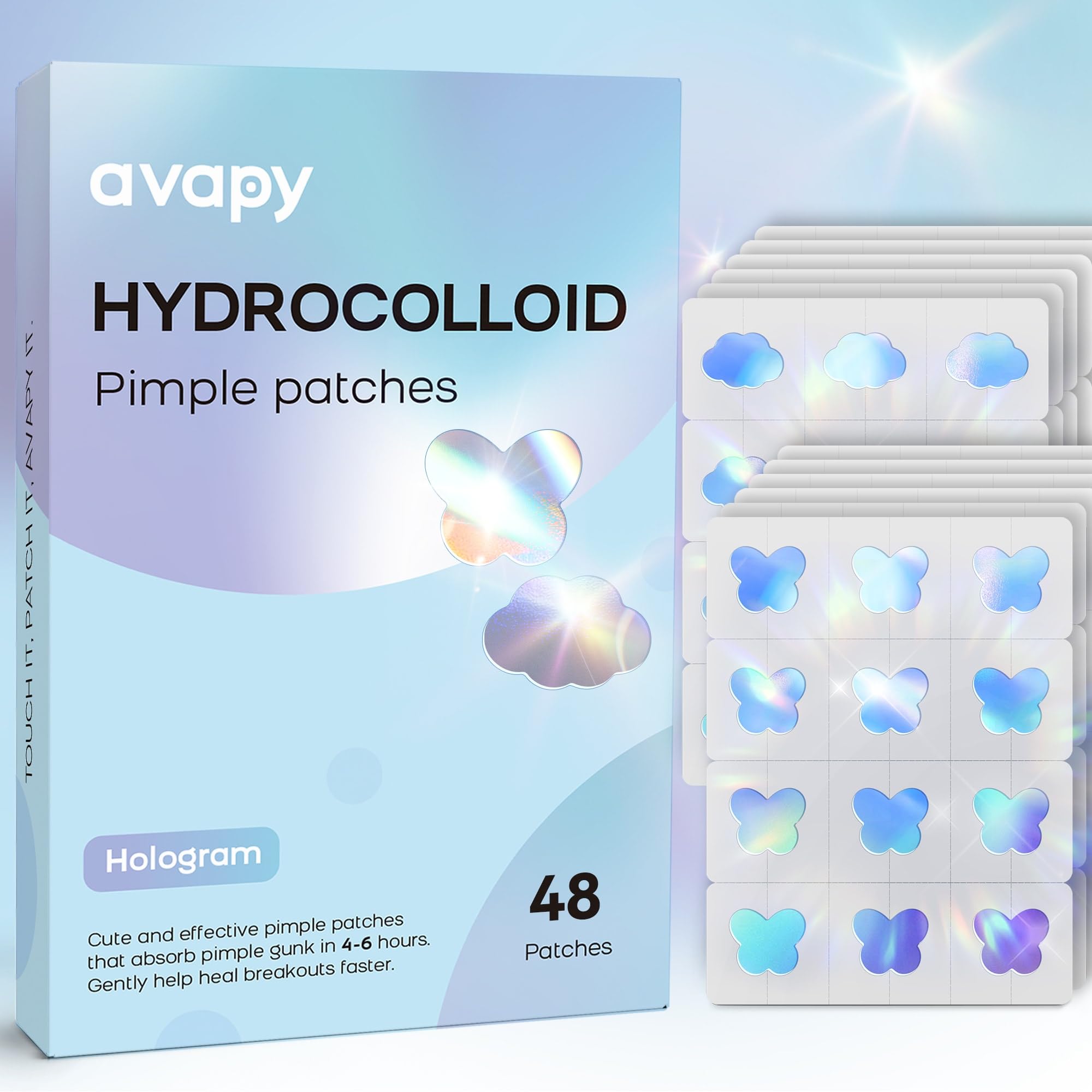 AVAPY Pimple Patches for Face, Cute Hydrocolloid Acne Patches, Colorful Hologram Butterfly Sport Stickers, Zits & Blemish, Pimple Patch with Salicylic Acid, Blue Cloud Butterfly 12MM (48 Count)
