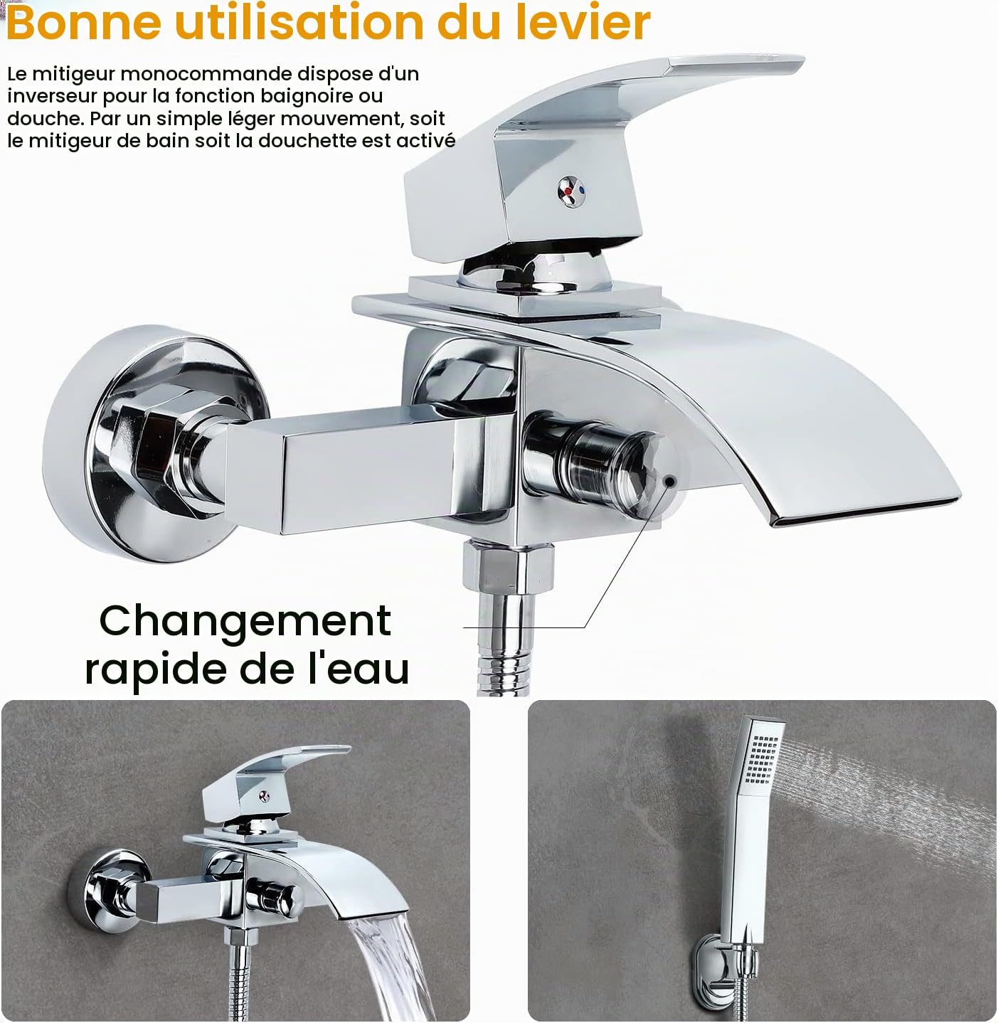 Mitigeur de Baignoire Cascade, Robinet Douche en H59 Laiton Chromé | Robinet Baignoire avec Douchette à Main en ABS plastique et Tuyau de douche, Mitigeur BainFixé au Mur mitigeur bain et douche