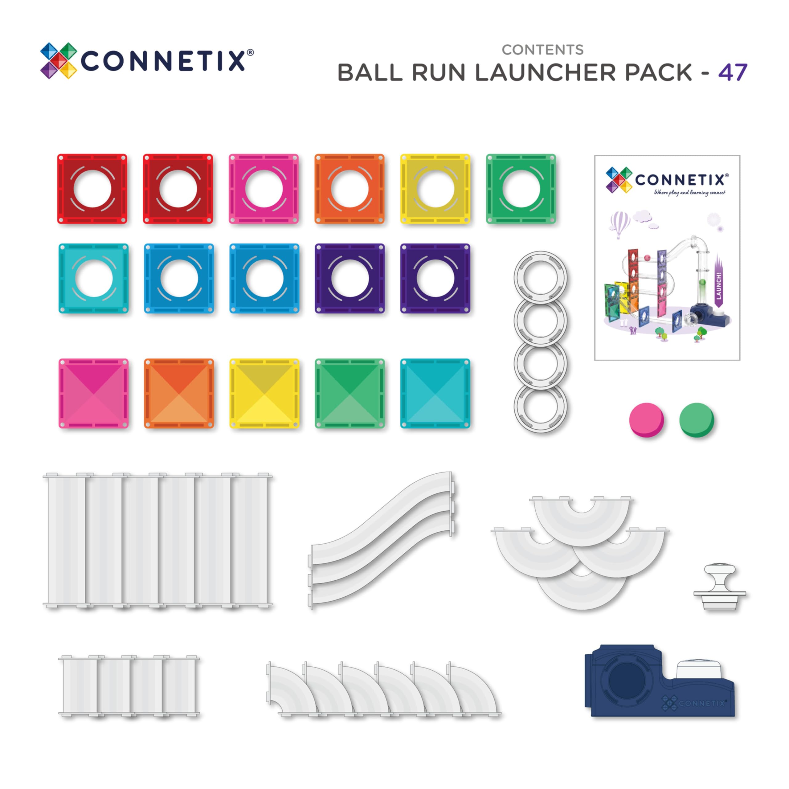 CONNETIX Magnetische Bausteine Kugelbahn Katapult Pack, 47 Stück | Starte hoch hinaus, baue kreativ und entdecke Kraft und Bewegung mit starkem Katapult, Röhren und Holzkugeln. Ab 3 Jahren.