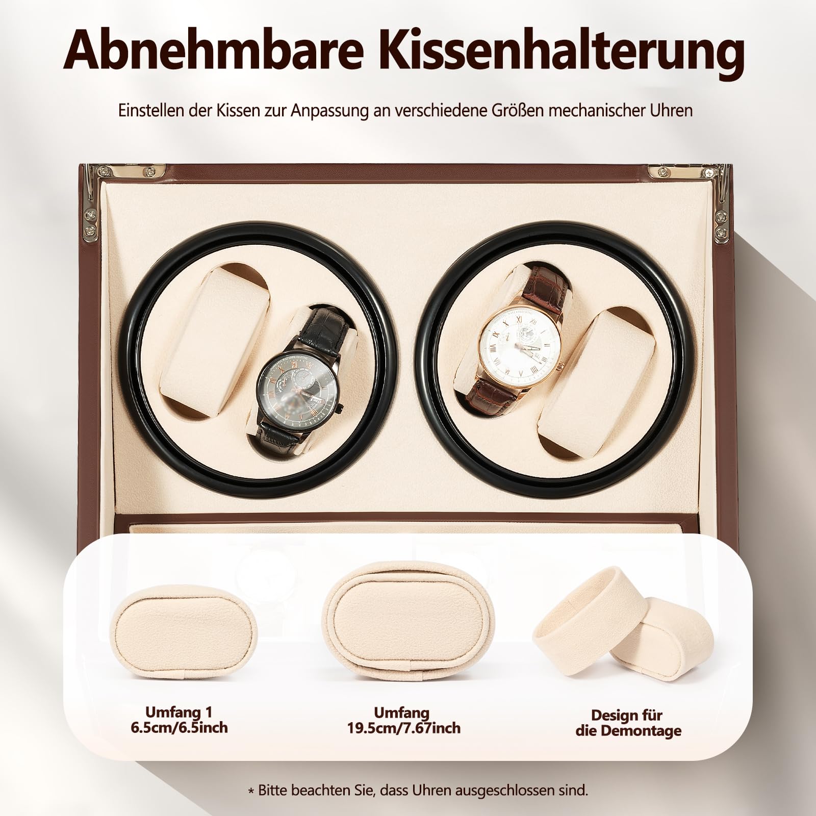 Automatische Uhrenbeweger Box, Uhrenständer Uhrendreher Watch Winder Uhrenkasten Luxuriöser Uhrenbeweger für 4 Automatikuhren + 6 Gitter Uhrenspeichergehäuse, Geräuscharm (Brown)