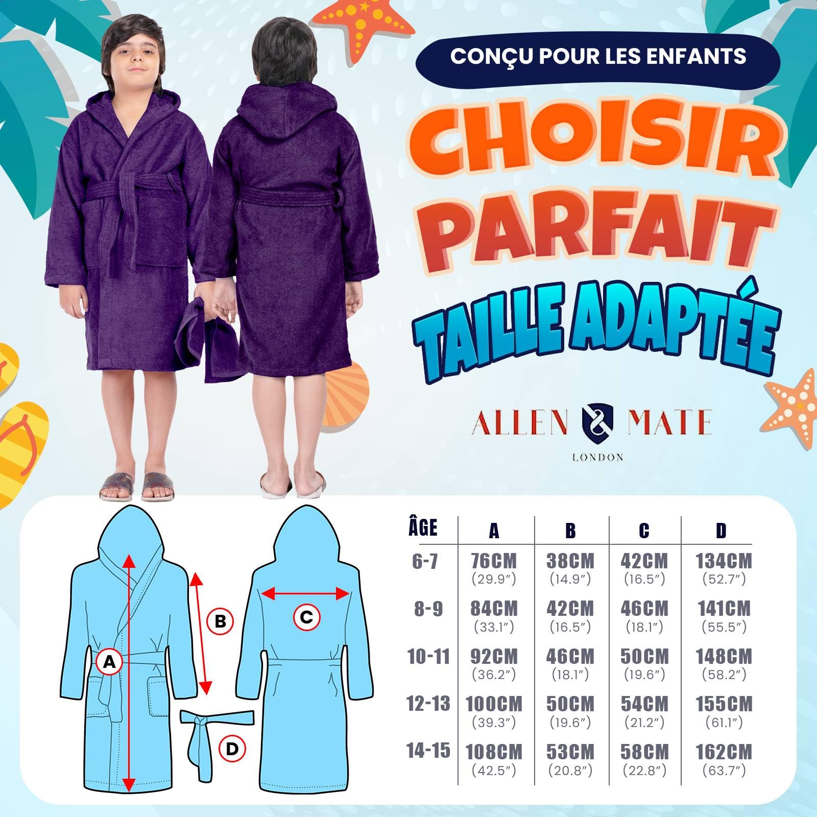 ALLEN & MATE Peignoir de bain à capuche 100% coton pour enfants, garçons et filles, en tissu éponge doux, 6 à 15 ans