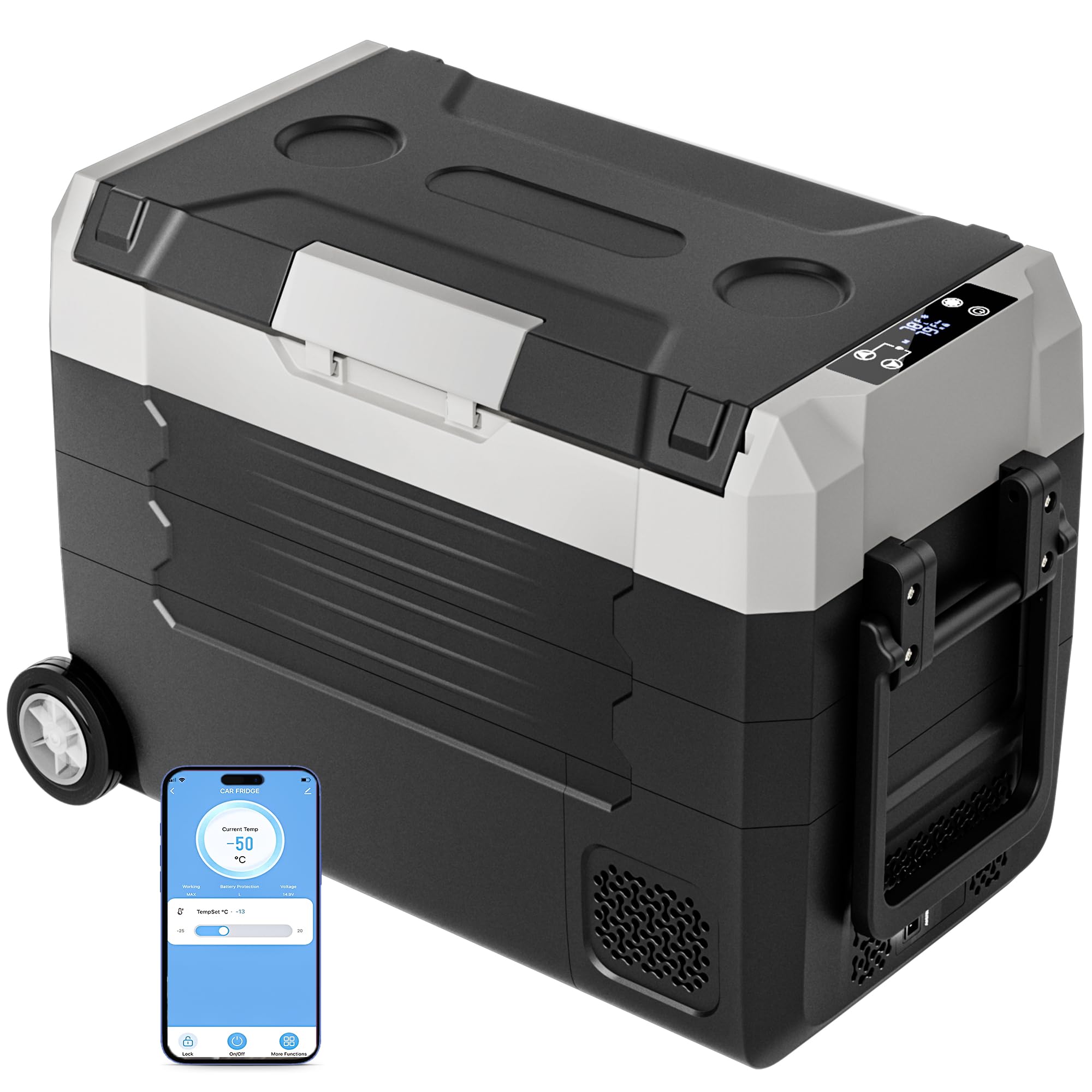 12 volt refrigerator, 53qt(50l) compressor electric cooler with wheels, car fridge with app control, portable freezer -13?~68?, 12/24v dc 110-240v ac car cooler for camping, travel, road trips