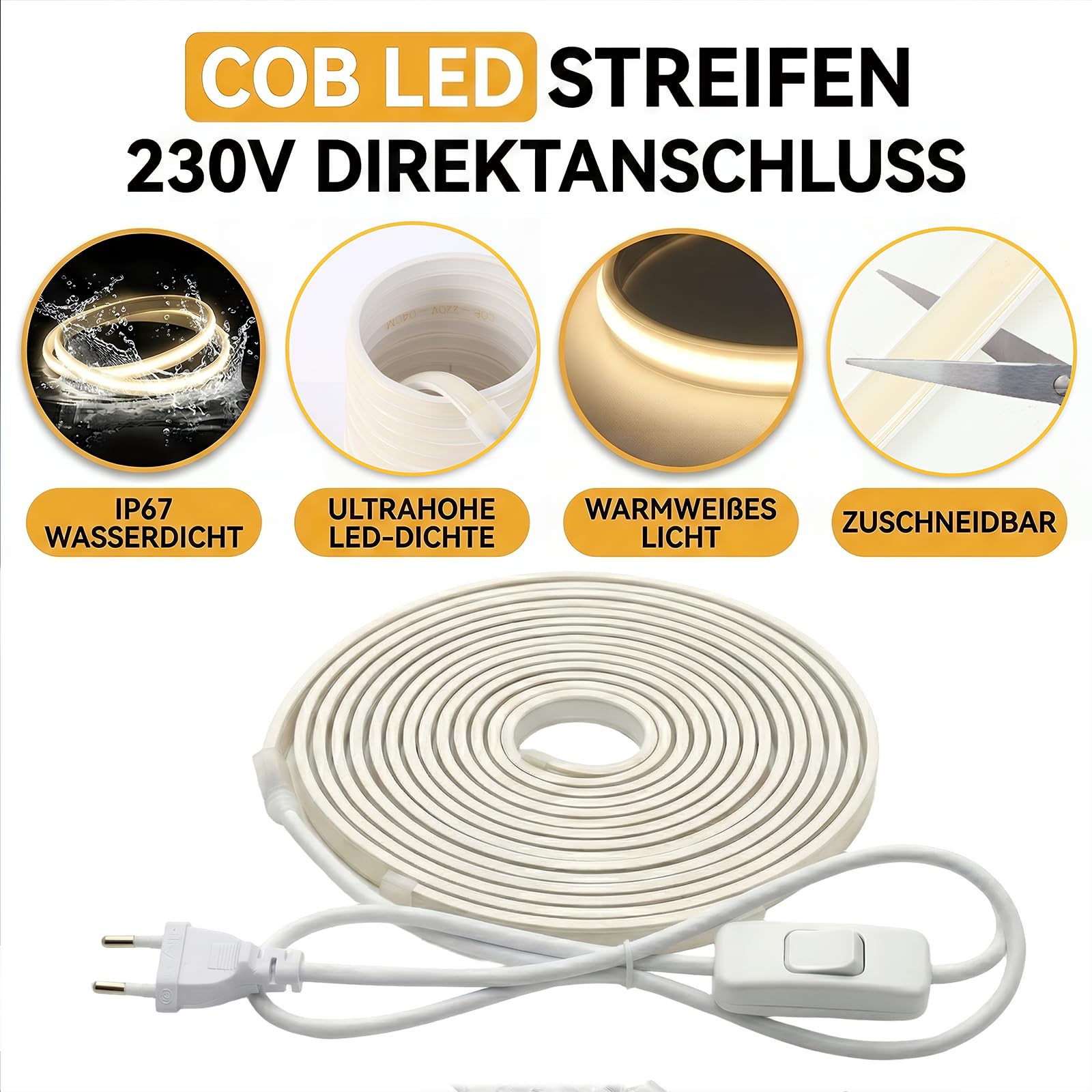 COB LED Streifen 230V Direktanschluss, 1400Lm/m Extra Hell Lichtband IP67 Wasserdicht, Punktfreies LED Band für Außen Garten Küche Akustikpaneele (Warmweiß, 5 m)