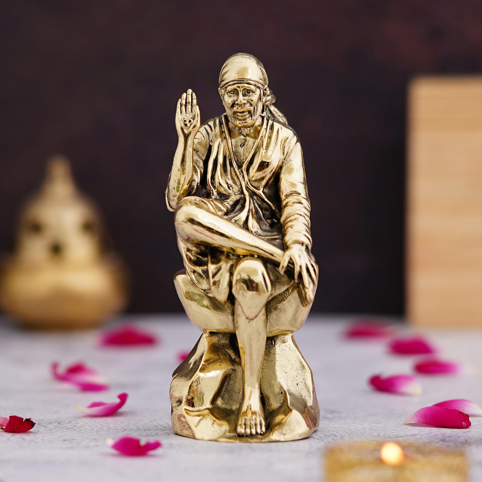 Shyam Antique Creation 3 Inch Saibaba Figurine Brass Sai Baba Idol Shirdi Lord Sai Baba Sitting Murti Statue for Pooja Room Gift Living Room Decoration Office Home Car Decor