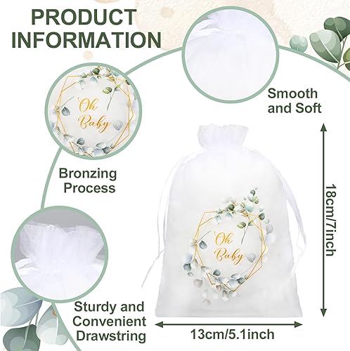 Miniatura 2 de Windyun 50 bolsas de organza transparentes para baby shower, diseño de eucalipto verde con cordón, 5 x 7 bolsas de regalo de malla con cordón para