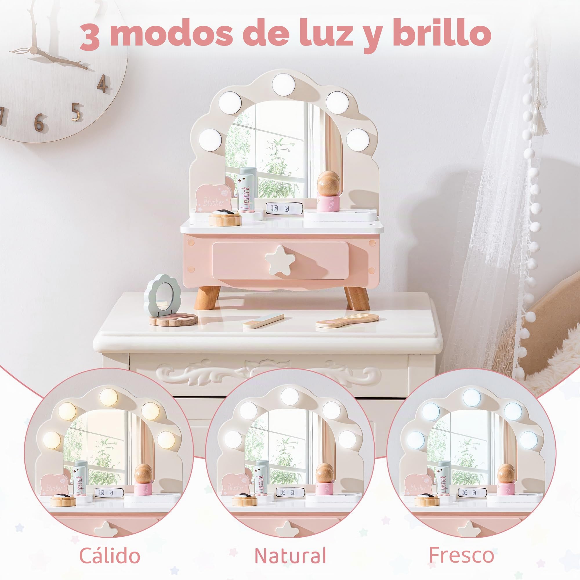 ROBOTIME Juego de maquillaje de madera para niñas, tocador rosa, espejo con luz, cosméticos falsos, juguete de rol