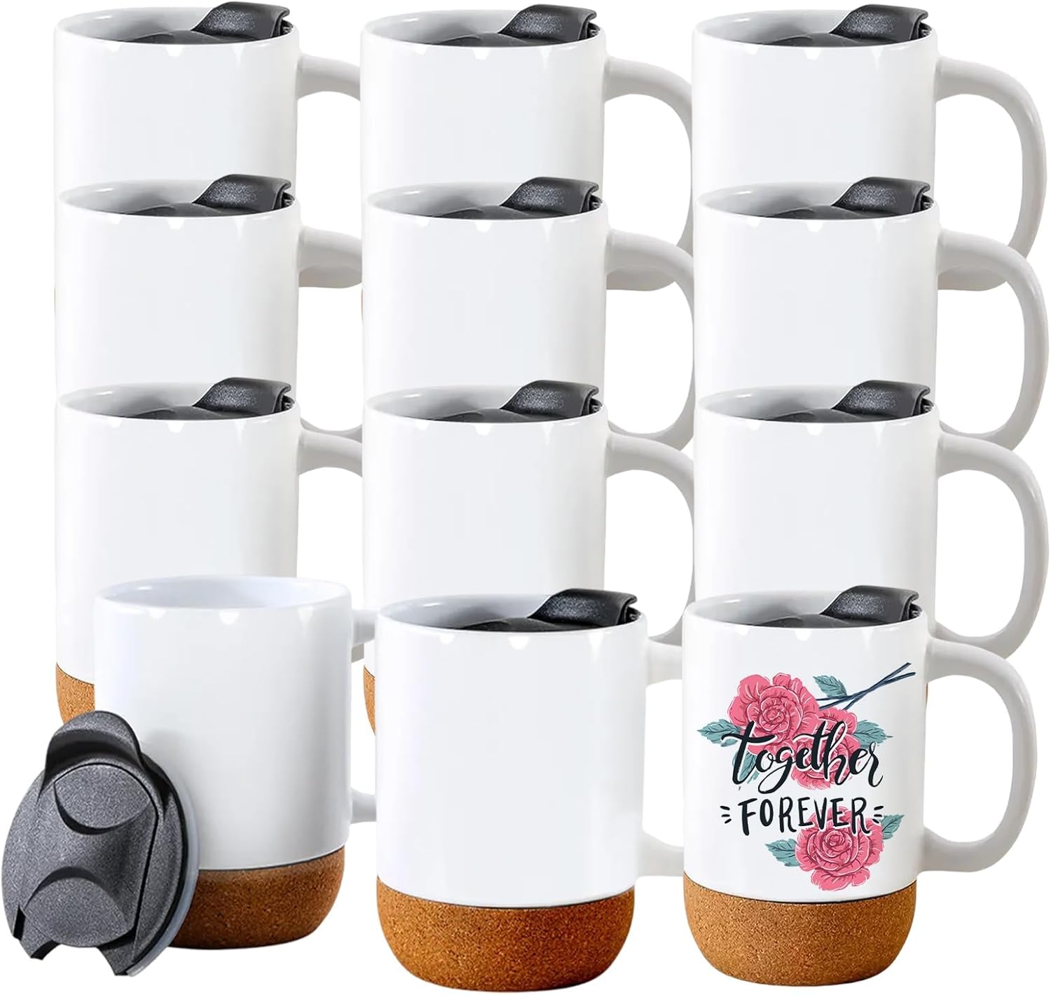 15oz Sublimation Mugs Set of 12,Ceramic Coffee Cups with Handle and bottom cork pad,Tea Cups for Coffee,Soup,Latte,Mug Set Gift for Wedding,Microwave and Dishwasher Safe (white-matte-12p)