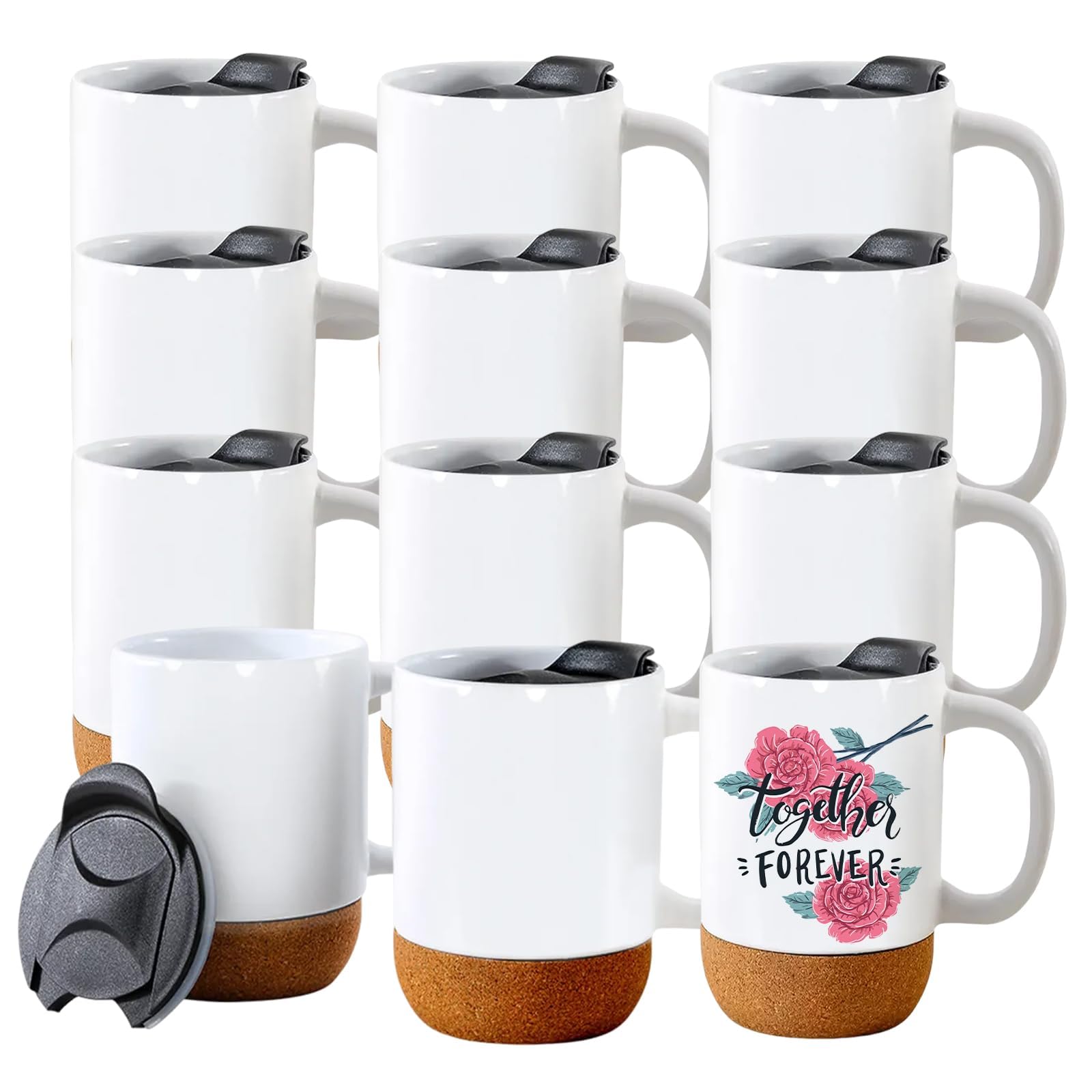ZREGGUR 15oz Sublimation Mugs Set of 12,Ceramic Coffee Cups with Handle and bottom cork pad,Tea Cups for Coffee,Soup,Latte,Mug Set Gift for Wedding,Microwave and Dishwasher Safe (white-matte-12p)