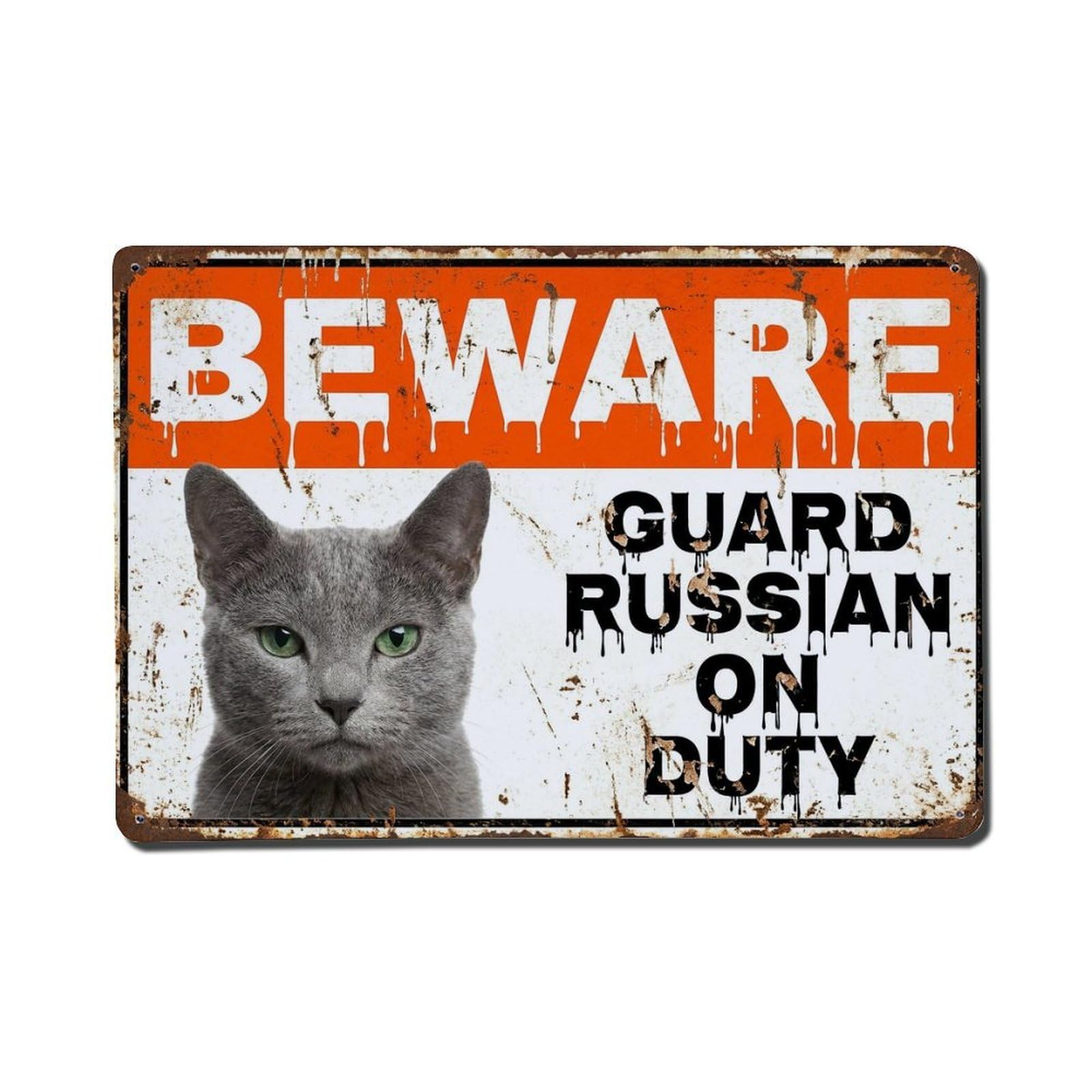 Vintage Funny Russian Blue Guard Beware of Cat Alcove Metal Tin Sign