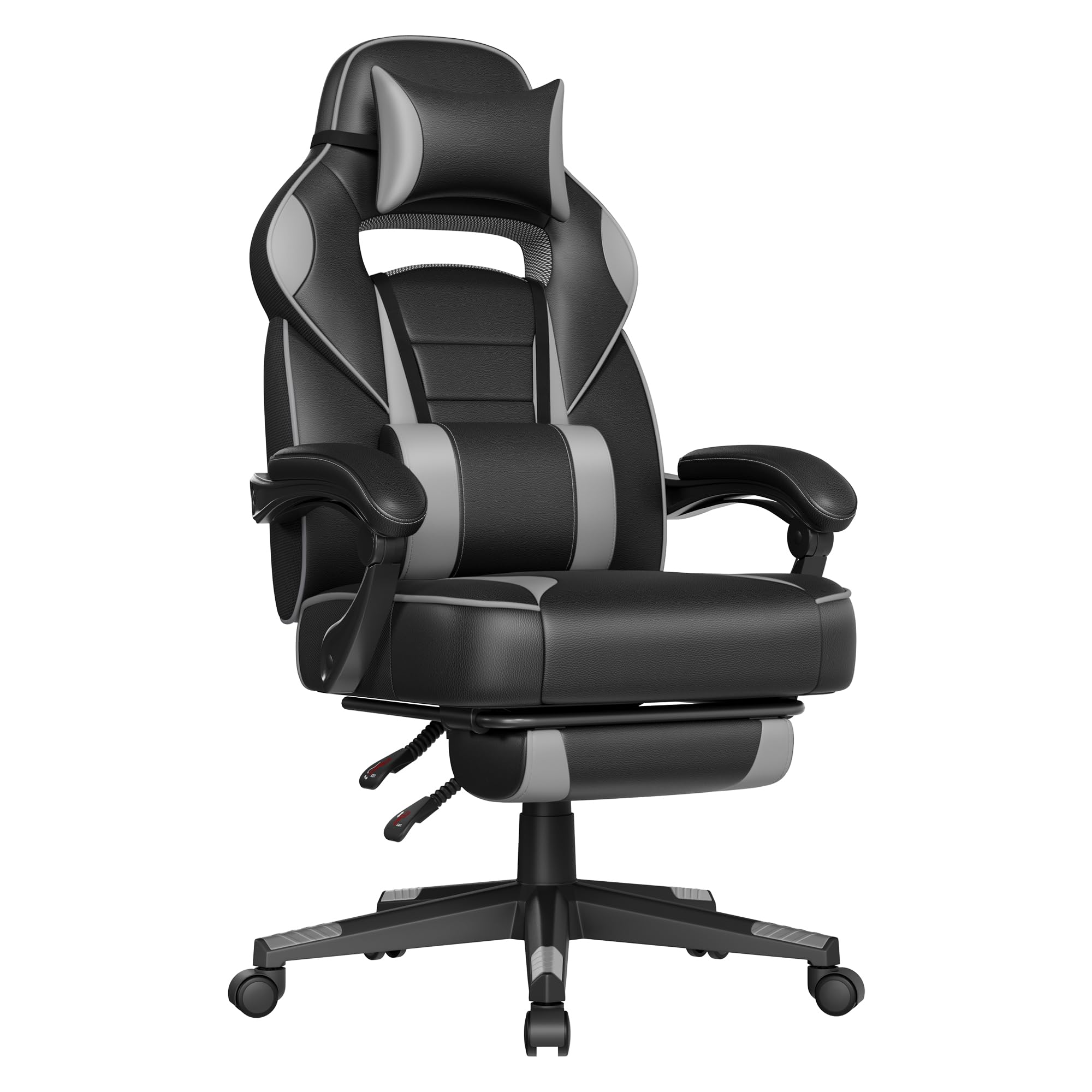 SONGMICS Gaming-Stuhl, Bürostuhl mit Fußstütze, Schreibtischstuhl mit Kopfstütze und Lendenkissen, höhenverstellbar, ergonomisch, bis 150 kg belastbar, tintenschwarz-Taubengrau OBG073B03