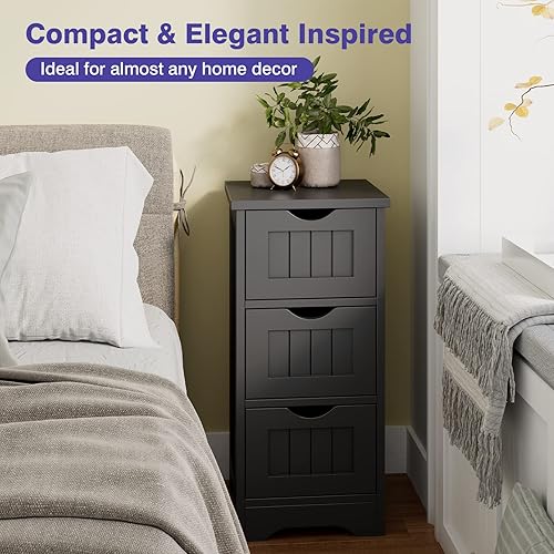 Miniatura 7 de Tangkula Armario de suelo de baño, armario de almacenamiento de madera con 3 cajones, mesa auxiliar moderna, unidad organizadora independiente para