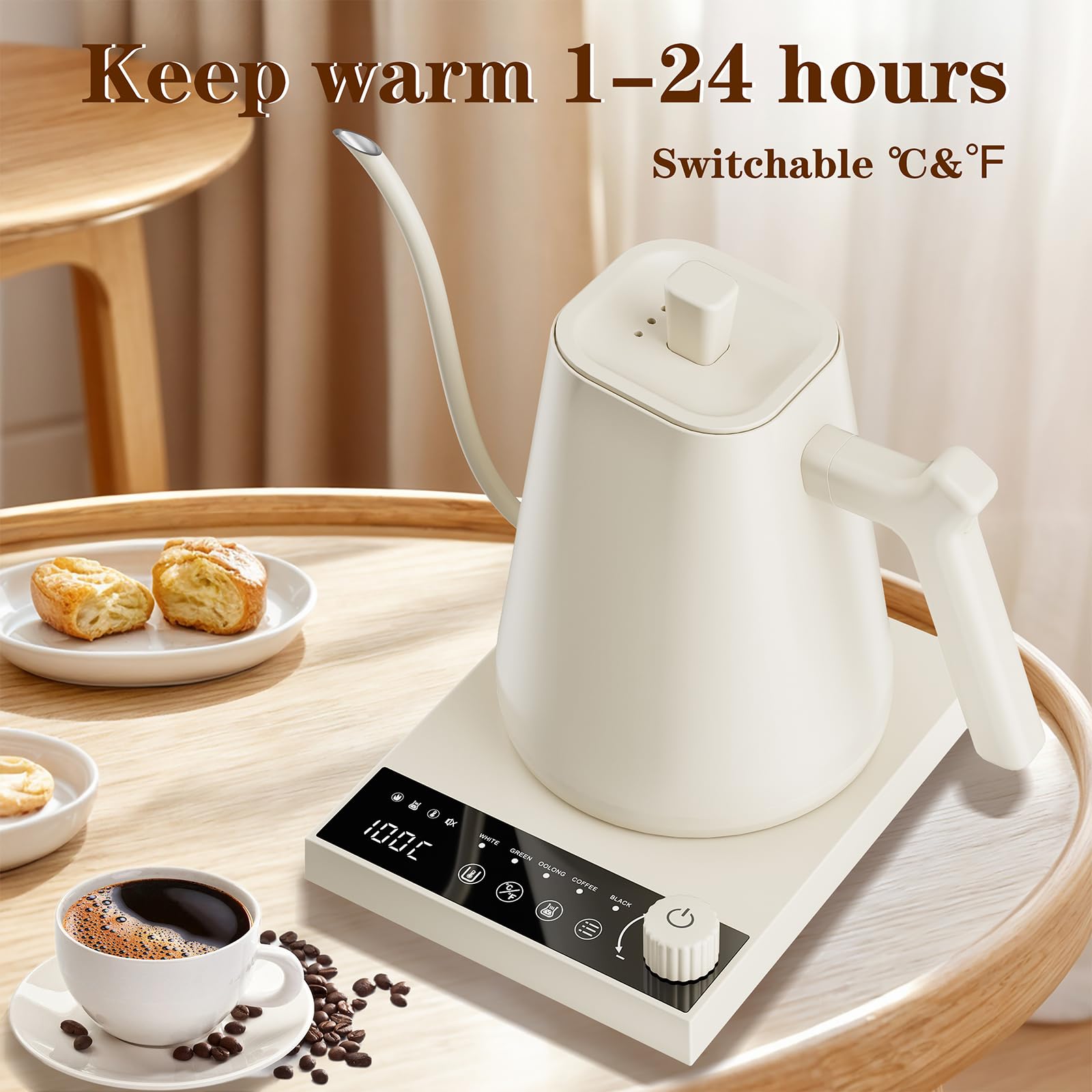 OKYUK Hervidor eléctrico con control de temperatura de ± 1.0 °C, boquilla de cuello de cisne, tetera de acero inoxidable para té, café y aeropress, retención de temperatura de 2 horas, cronómetro