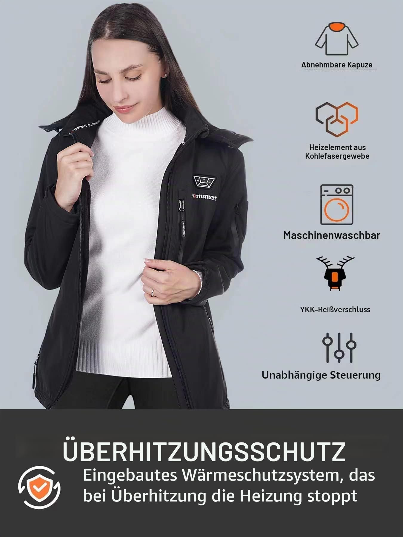 Beheizbare Jacke Damen, Wasserdicht Winddicht warm Beheizbarer Hoodie mit 15000MAH Akku, Beheizte Jacken für Outdoor Wandern Jagd Motorrad