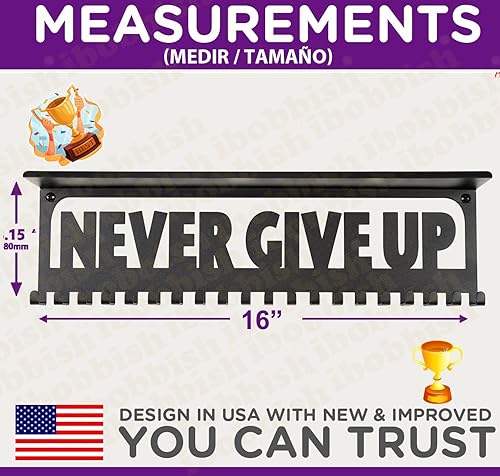 Miniatura 6 de Percha antideslizante para medallas, nunca te rindas con 20 ganchos para trofeos, exhibición de medallas para pared con 16 pulgadas, exhibición de