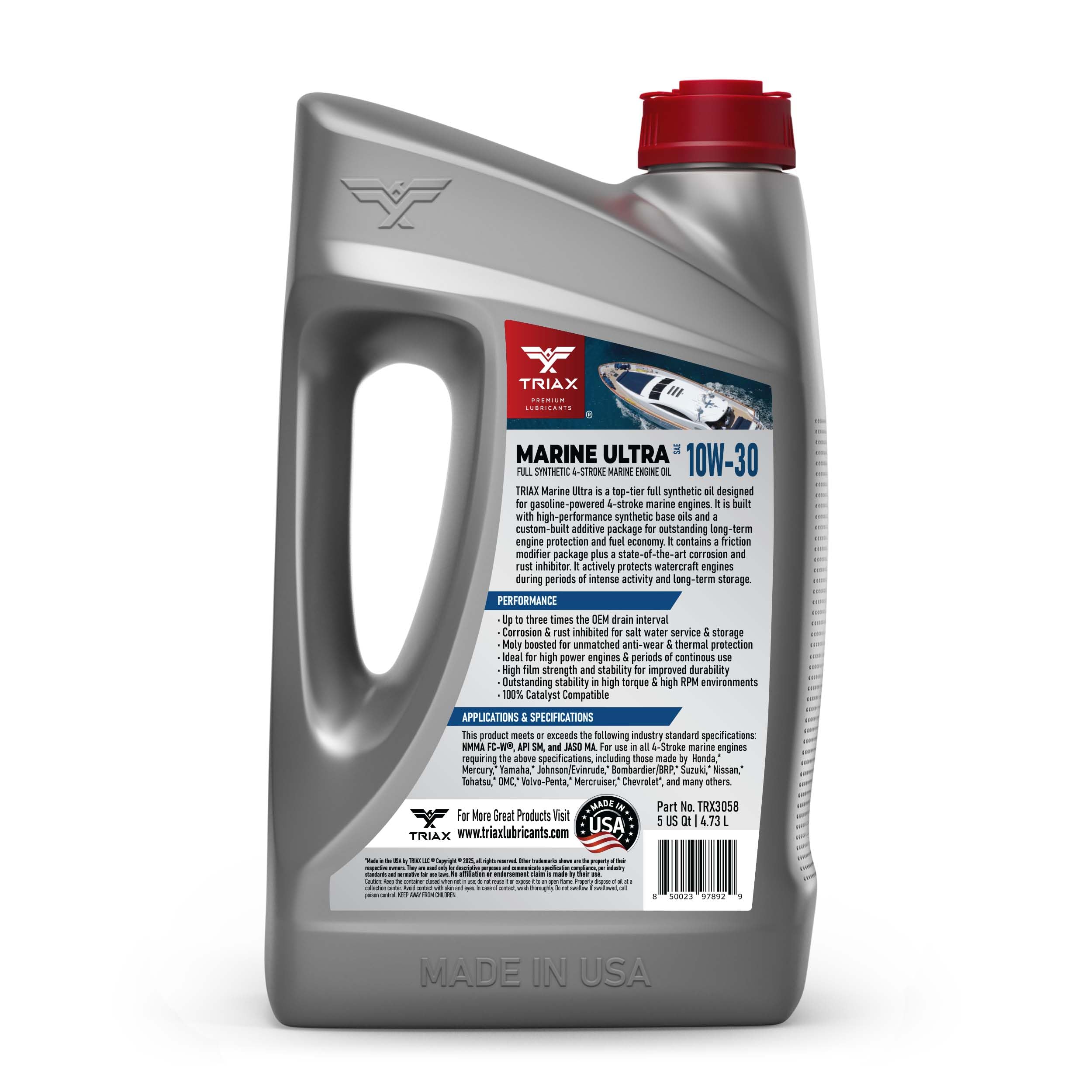 TRIAX Marine Ultra 10W-30 Aceite de Motor Marino Sintético Completo de 4 Tiempos para Motores de Barcos Intraborda/Fueraborda/Deportivos, Cumple con NMMA FC-W, JASO-MA en 5 Cuartos/4,73 Litros.