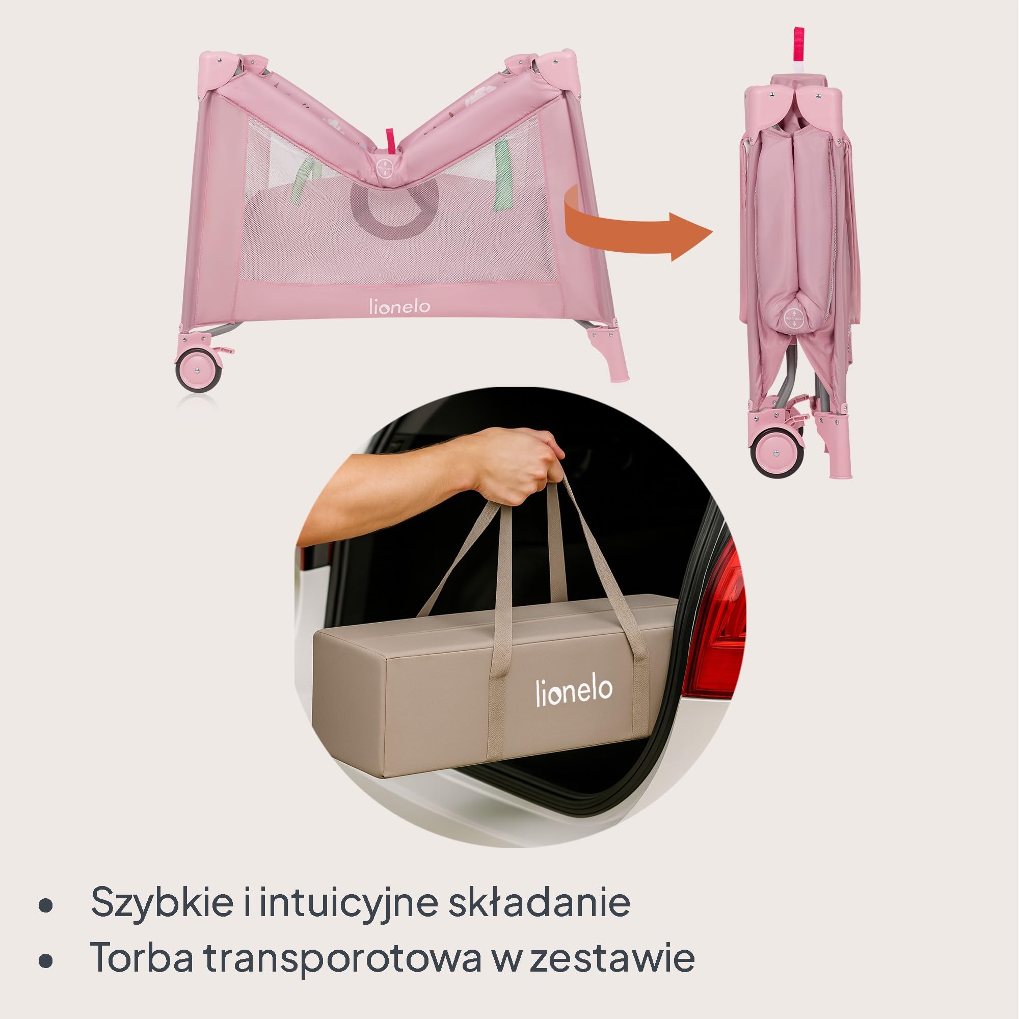 LIONELO Kojec dziecięcy MILLE PLUS do 15 kg 0-36 miesięcy, Boczne Wejście, Materac 3D, 2 Koła z Hamulcem Łatwe Składanie, Torba Transportowa
