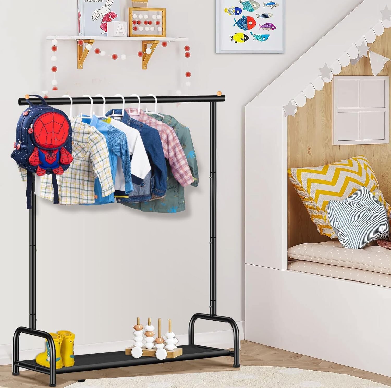 MISSLO Kinder Kleiderständer für Mädchen, Jungen, Metall Kleiderstange Klein mit Unterem Ablagefach, Hängende Kinderräcke Garderobenständer, Schwarz