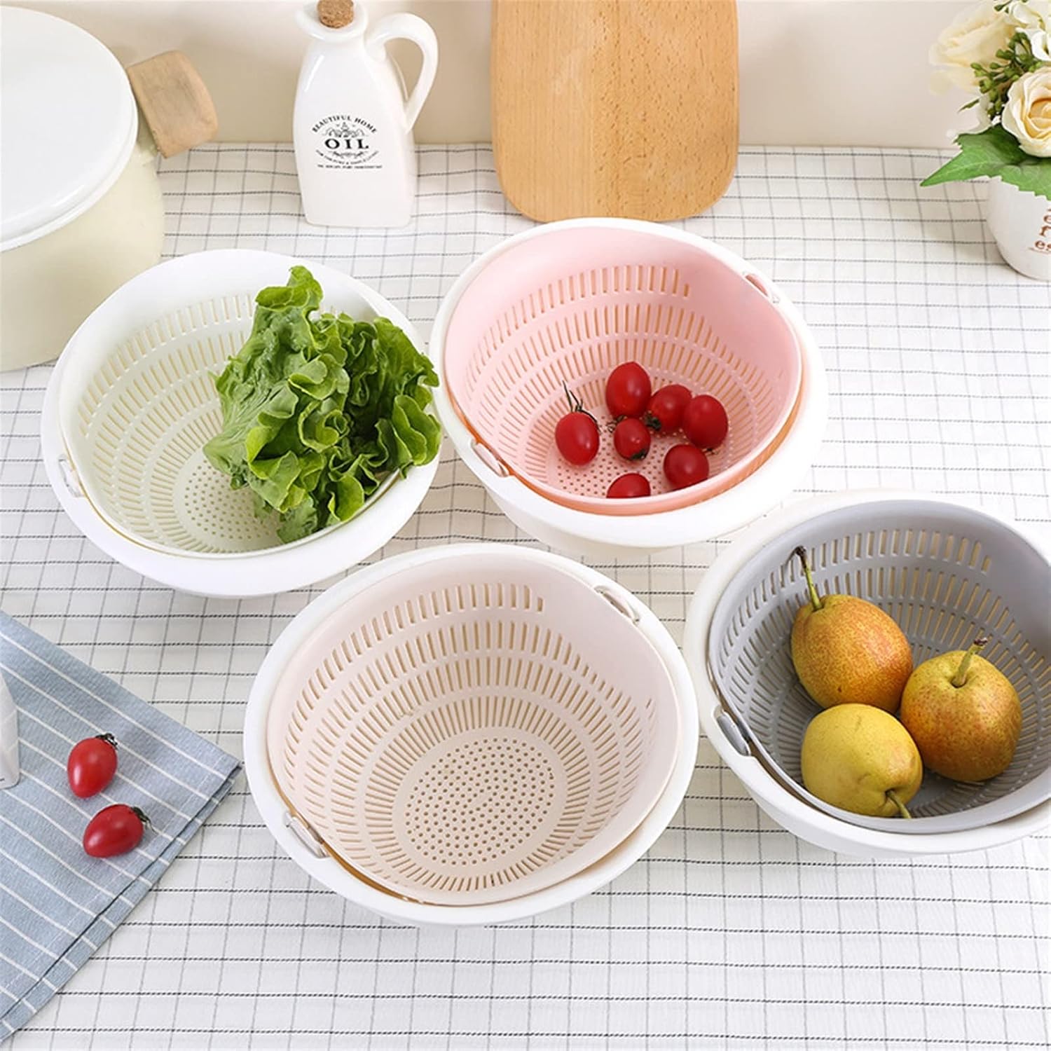 BAFAFA Organization Baskets Kitchen Silicone Double Drain Basket Bowl Washing Storage Basket Strainers Bowls Drainer Vegetable Cleaning Colander Tool filter (Color : C)